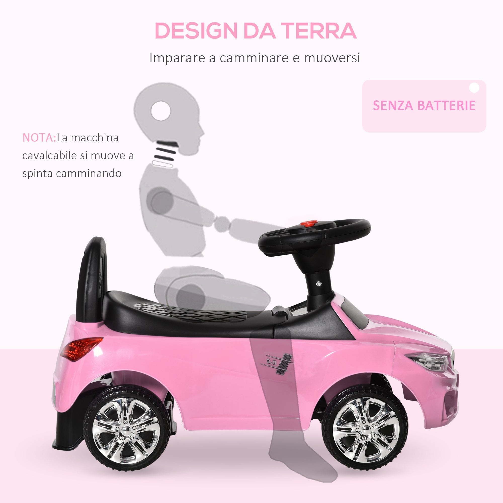 Easycomfort Macchinina per Bambini Cavalcabile with Volante, Fari e Musiche Integrate, Età 18-36 Mesi, 63.5x28x36cm, Rosa