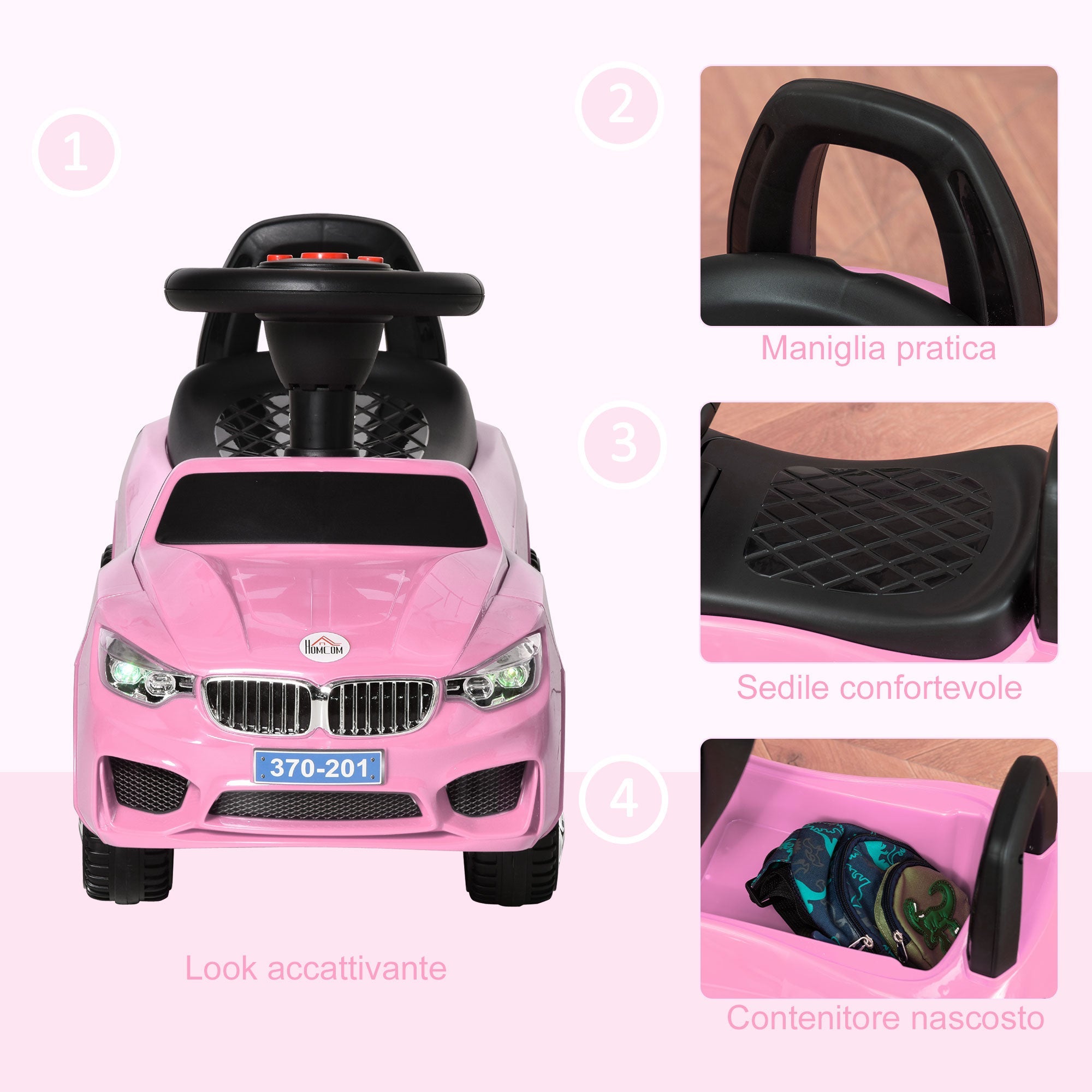 Easycomfort Macchinina per Bambini Cavalcabile with Volante, Fari e Musiche Integrate, Età 18-36 Mesi, 63.5x28x36cm, Rosa