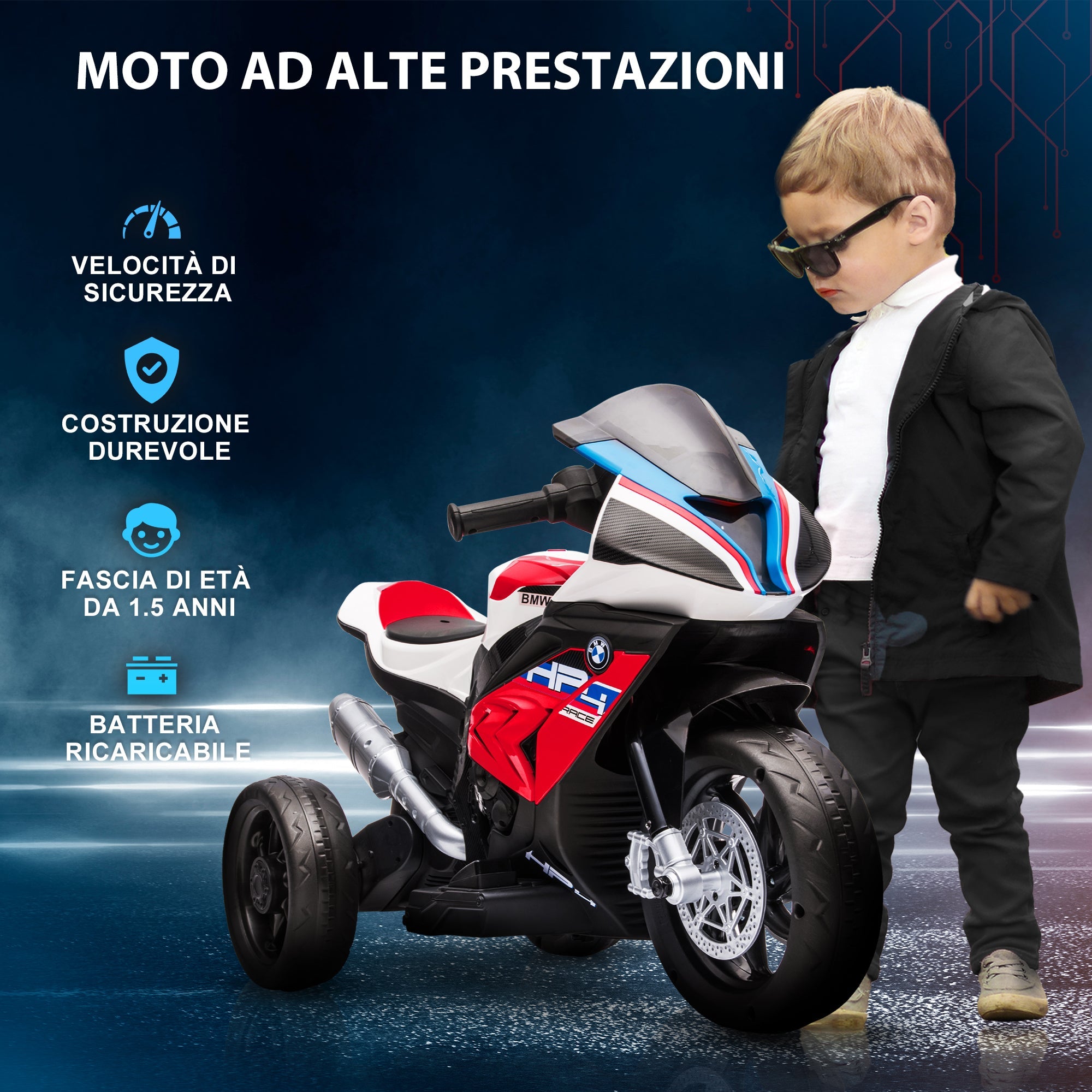 Easycomfort Moto per Bambini 18-60 Mesi Modello BMW HP4 with Fari, Musica e Pedali, in PP e Metallo, 82.5x42x54 cm, Rosso