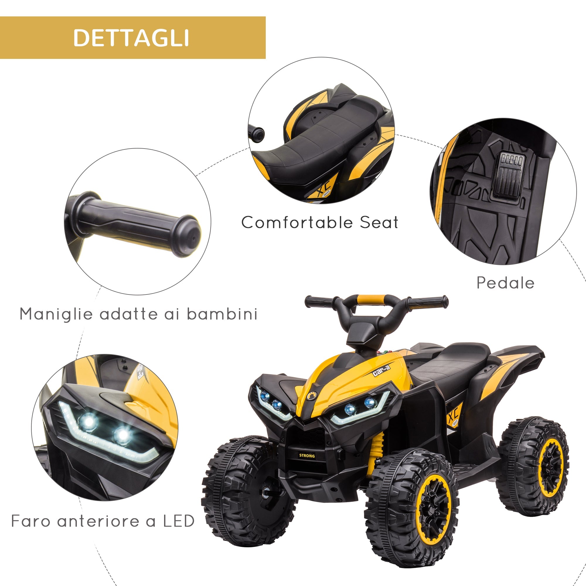 Easycomfort Quad Elettrico per Bambini 12V, 2 Velocità, Ruote Larghe with Sospensioni e Fari LED, Età 3-5 Anni, Giallo