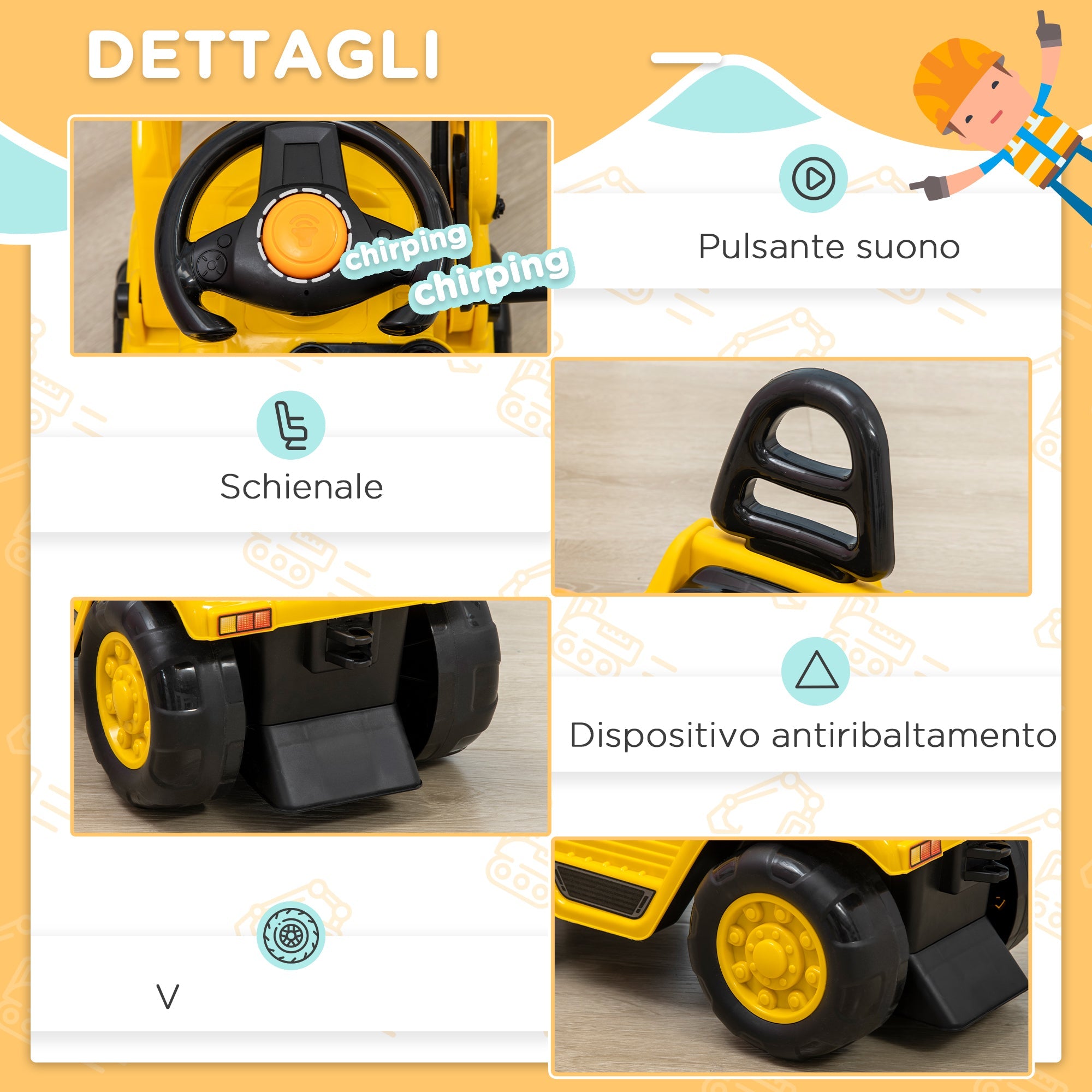 Easycomfort Escavatore per Bambini 3-4 Anni with Pinza, Pulsante per Suoni e Spazio Portaoggetti, 83x27x39 cm, Giallo e black