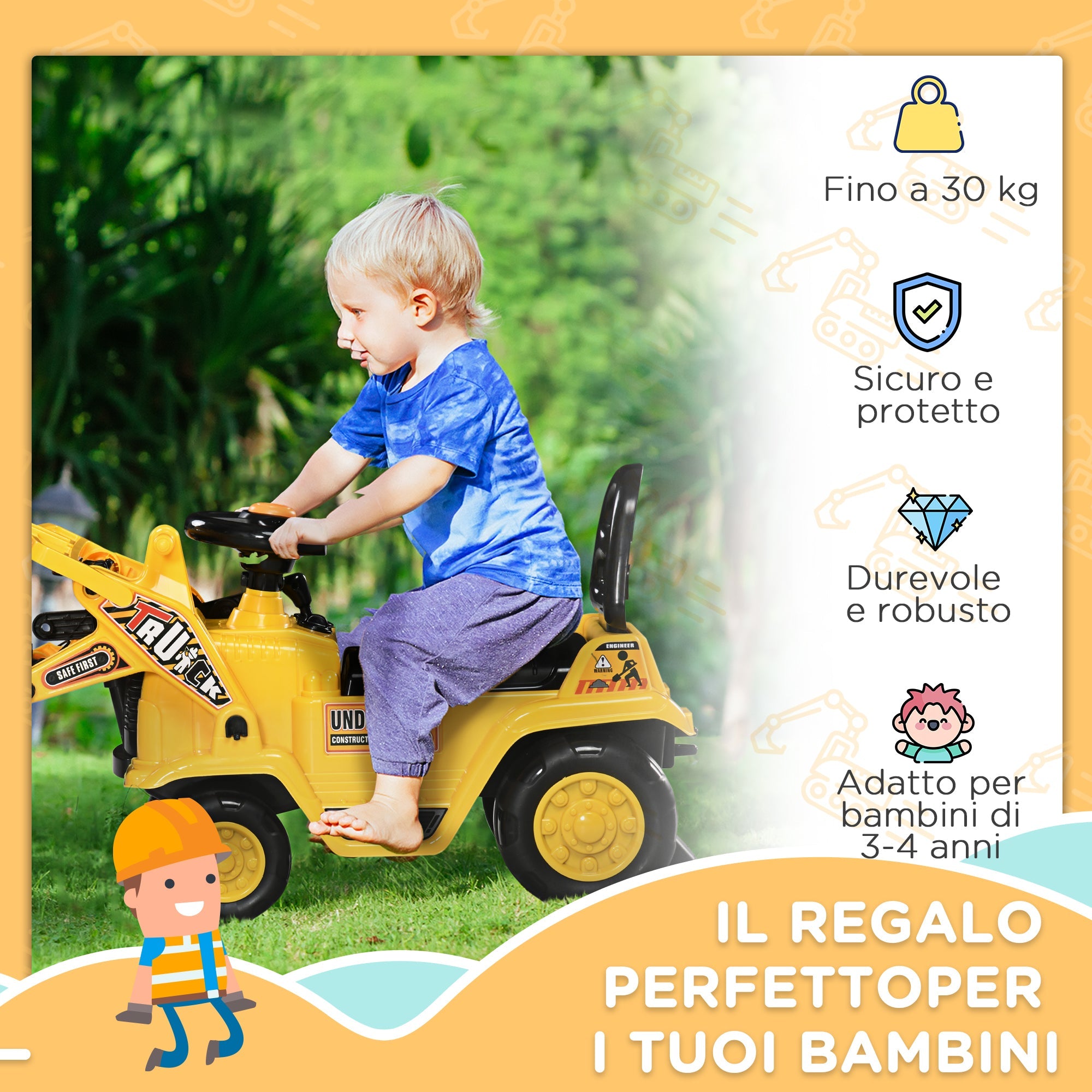 Easycomfort Escavatore per Bambini 3-4 Anni with Pinza, Pulsante per Suoni e Spazio Portaoggetti, 83x27x39 cm, Giallo e black