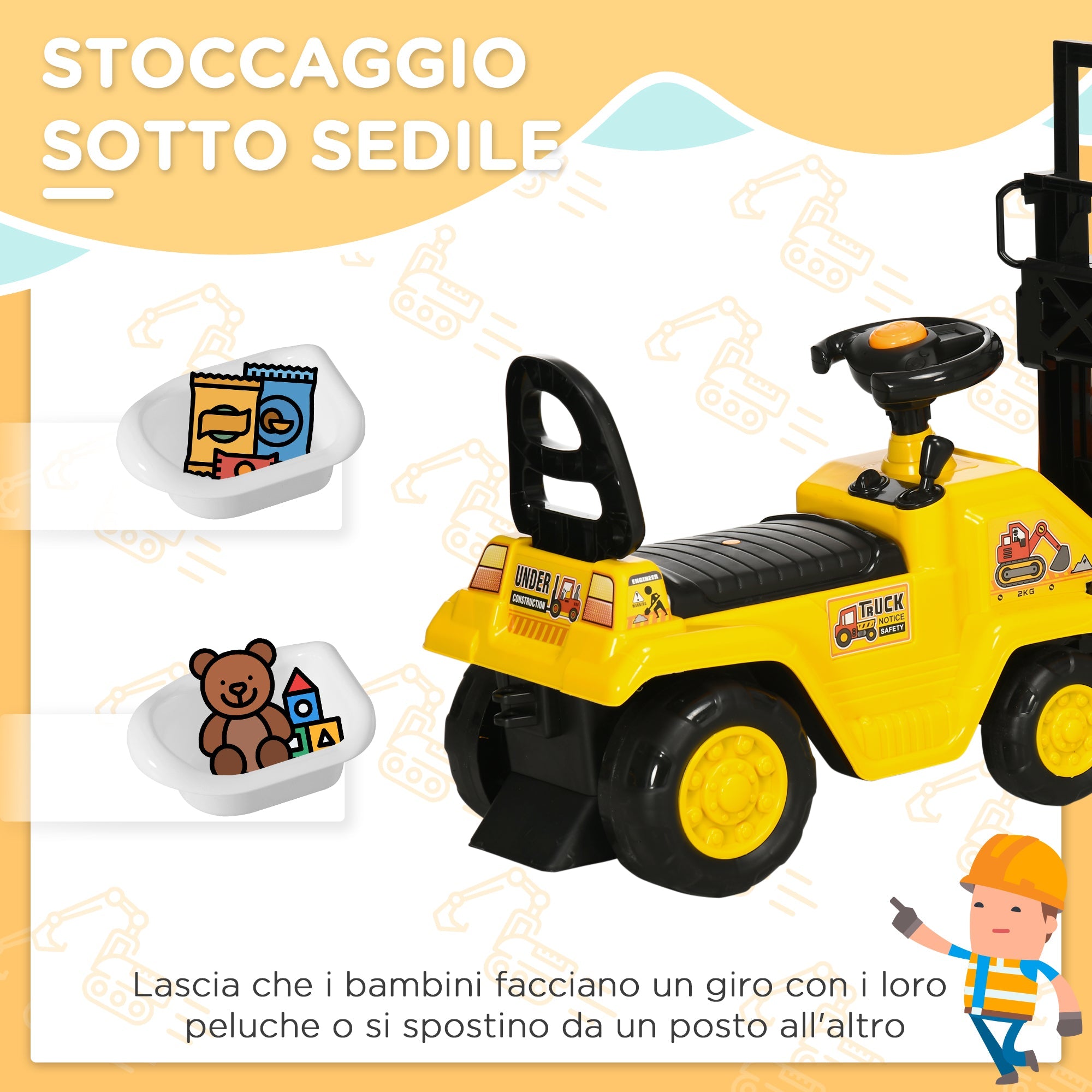 Easycomfort Trattore a Pedali per Bambini 3-4 Anni with Muletto e Spazio Portaoggetti, 86x27.5x47.5 cm, Giallo e black