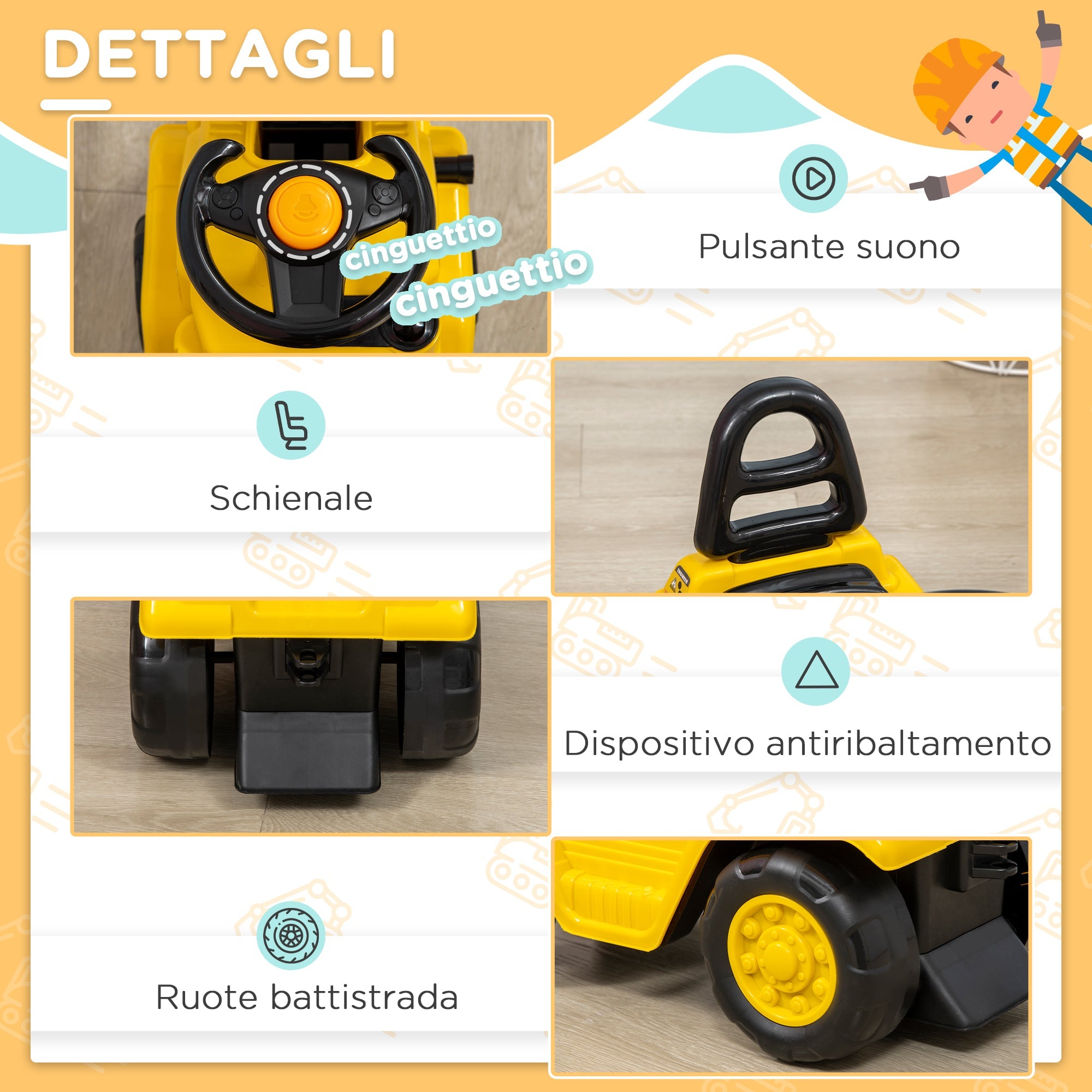 Easycomfort Trattore a Pedali per Bambini 3-4 Anni with Muletto e Spazio Portaoggetti, 86x27.5x47.5 cm, Giallo e black