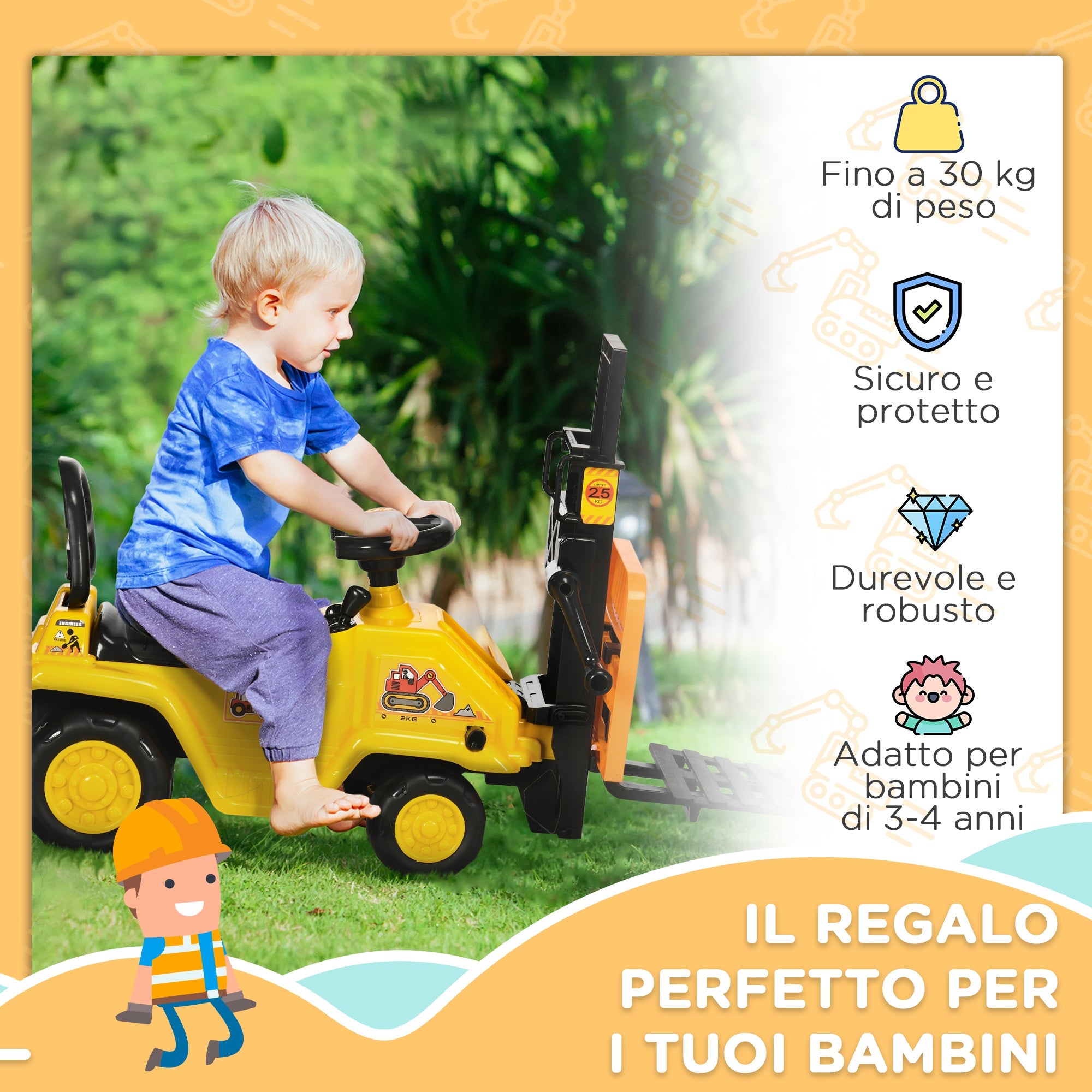 Easycomfort Trattore a Pedali per Bambini 3-4 Anni with Muletto e Spazio Portaoggetti, 86x27.5x47.5 cm, Giallo e black