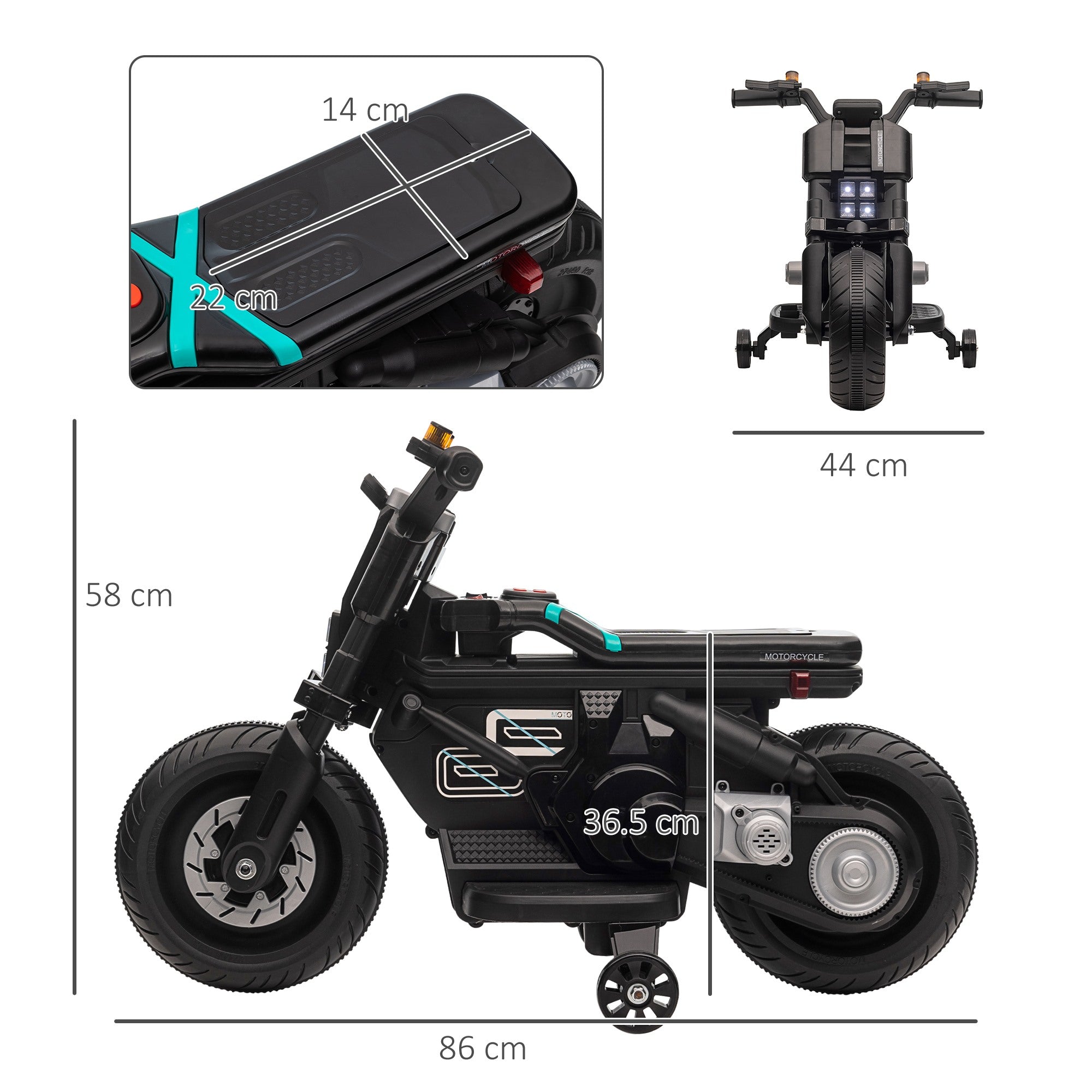 Easycomfort Moto Elettrica per Bambini 3-5 Anni in PP e Metallo with Rotelle, Clacson e Musica, 86x44x58 cm, Nera