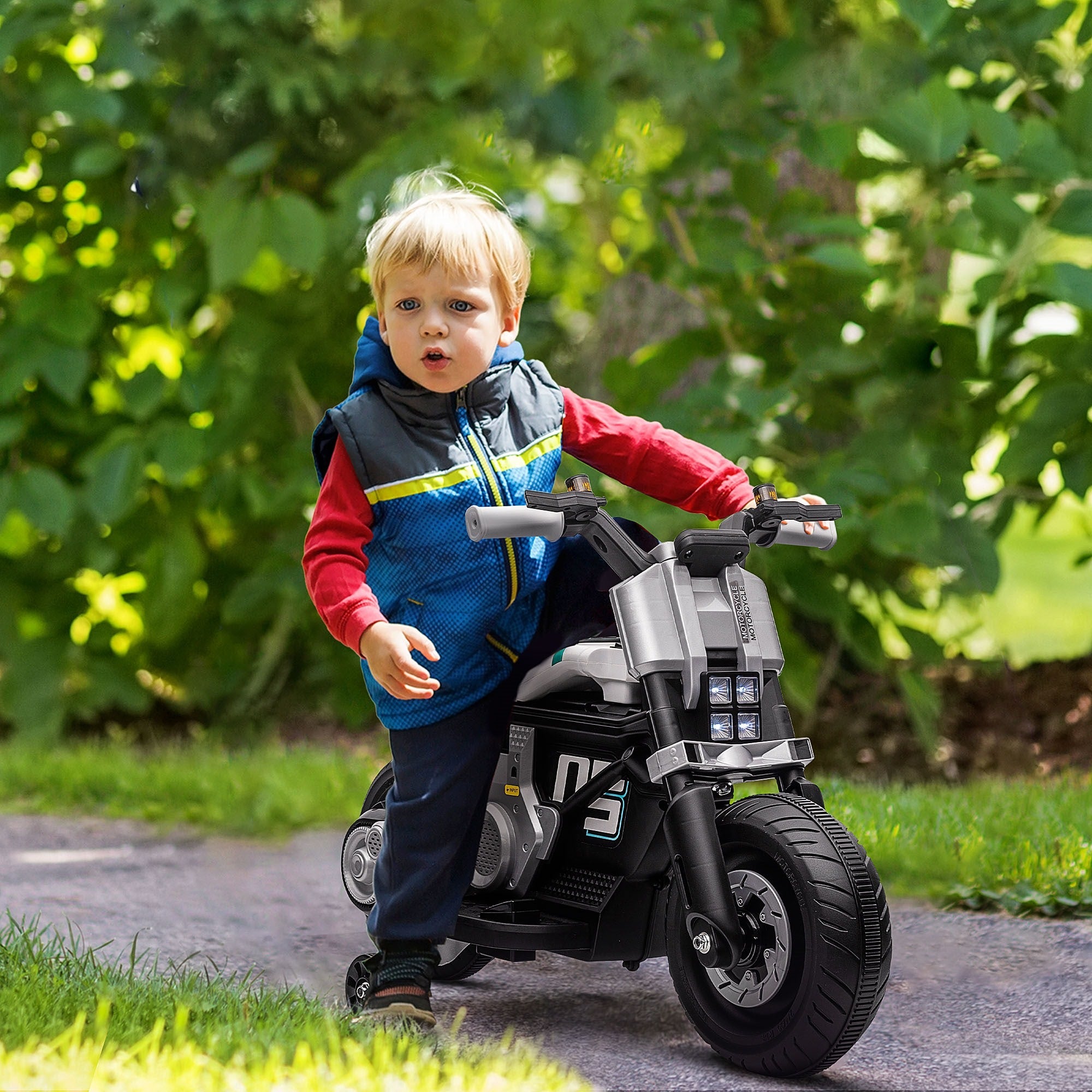 Easycomfort Moto Elettrica per Bambini 3-5 Anni in PP e Metallo with Rotelle, Clacson e Musica, 86x44x58 cm, Bianca e Nera