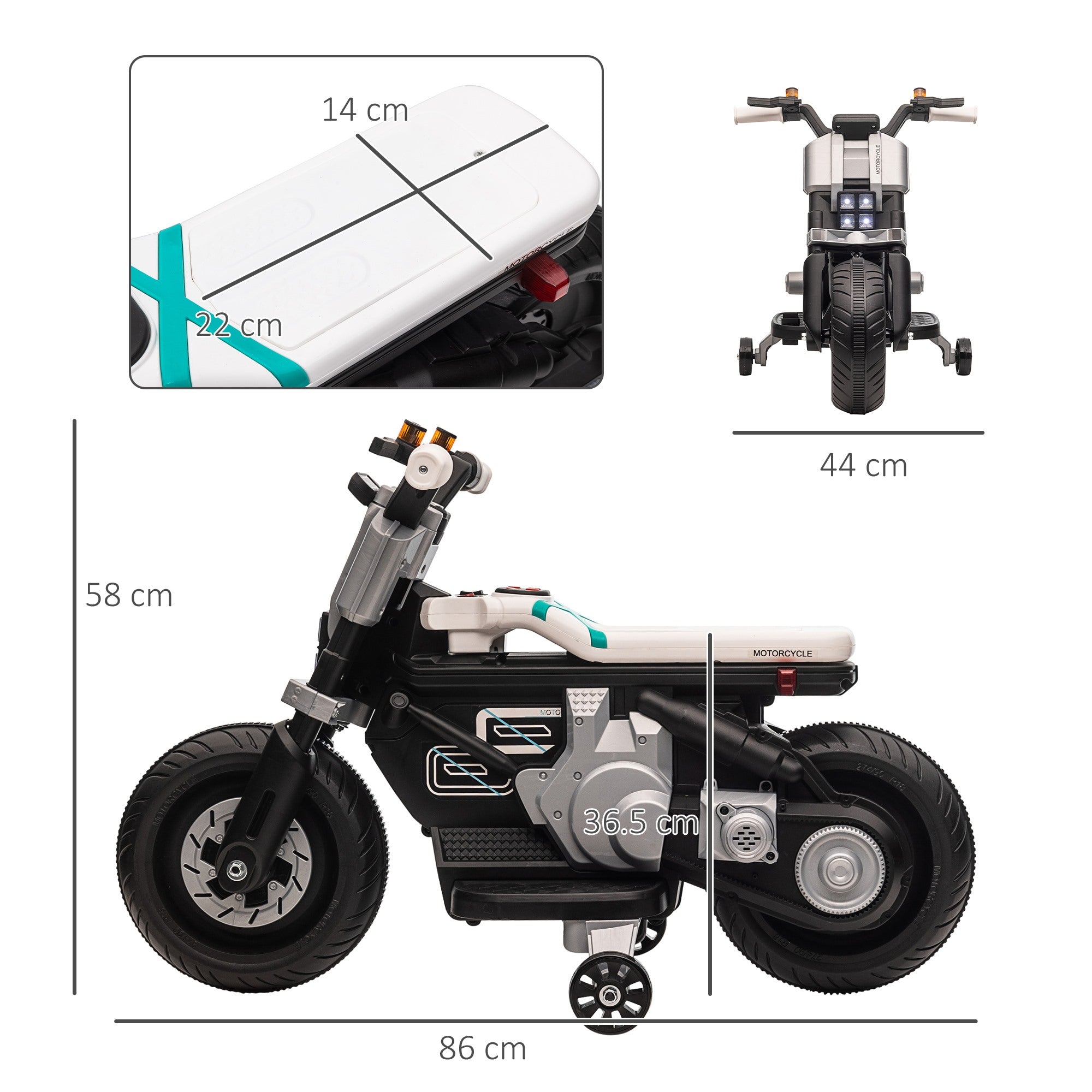Easycomfort Moto Elettrica per Bambini 3-5 Anni in PP e Metallo with Rotelle, Clacson e Musica, 86x44x58 cm, Bianca e Nera