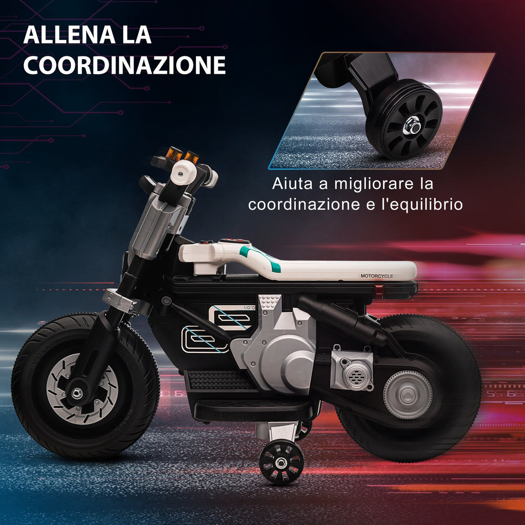 Easycomfort Moto Elettrica per Bambini 3-5 Anni in PP e Metallo with Rotelle, Clacson e Musica, 86x44x58 cm, Bianca e Nera
