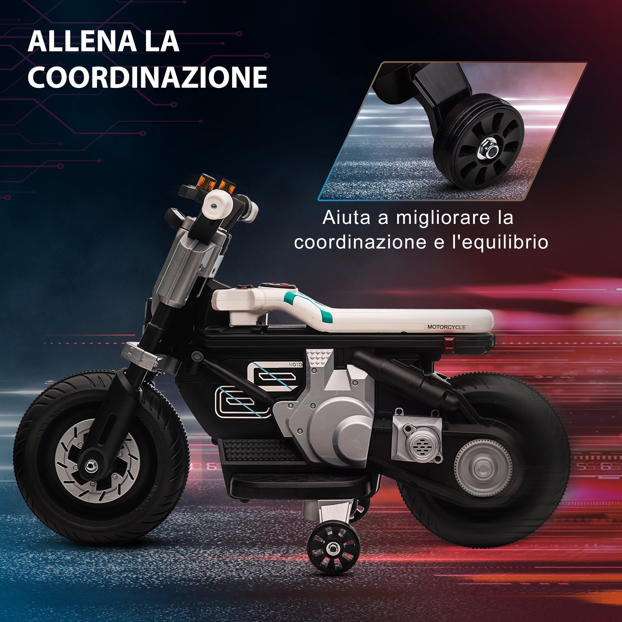 Easycomfort Moto Elettrica per Bambini 3-5 Anni in PP e Metallo with Rotelle, Clacson e Musica, 86x44x58 cm, Bianca e Nera