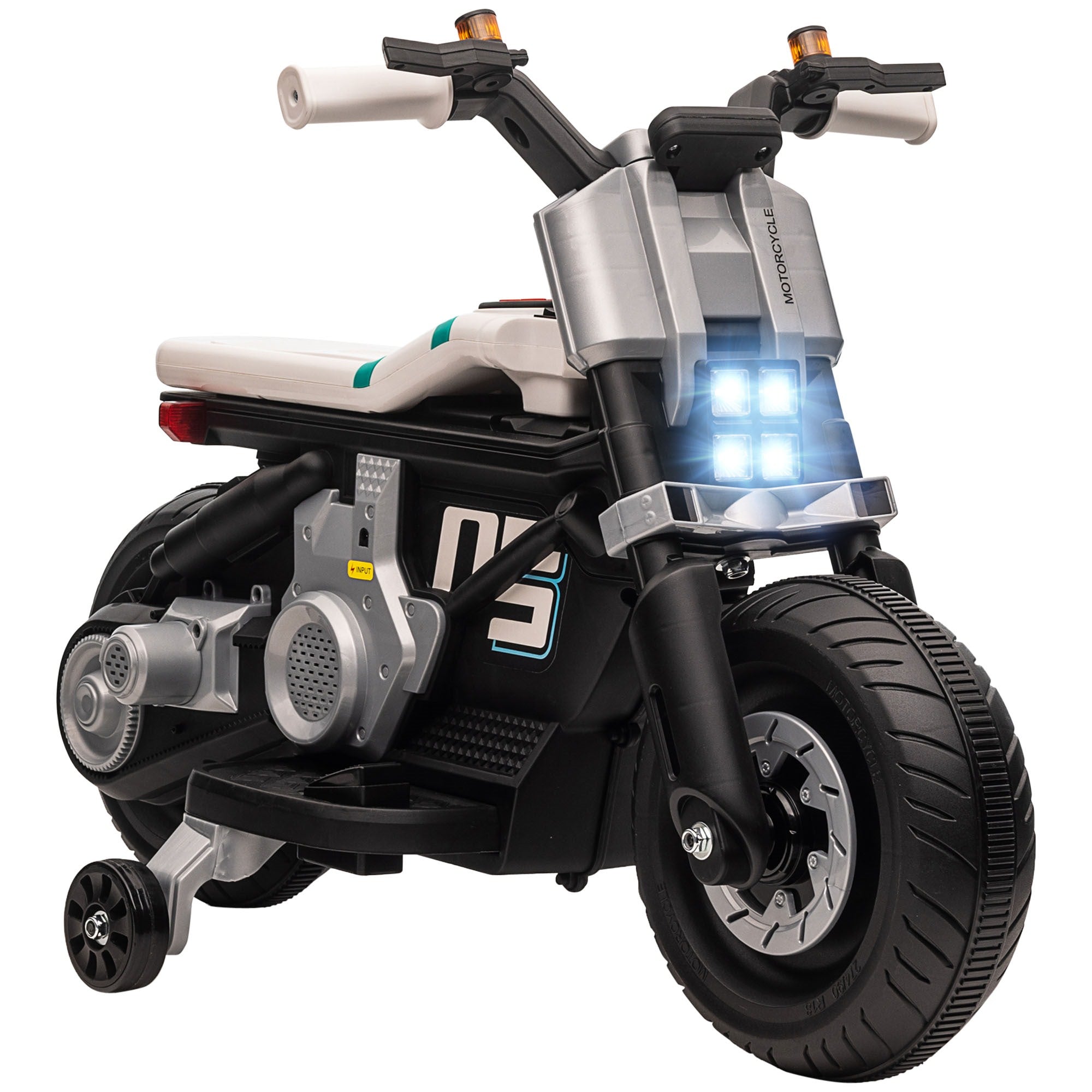 Easycomfort Moto Elettrica per Bambini 3-5 Anni in PP e Metallo with Rotelle, Clacson e Musica, 86x44x58 cm, Bianca e Nera