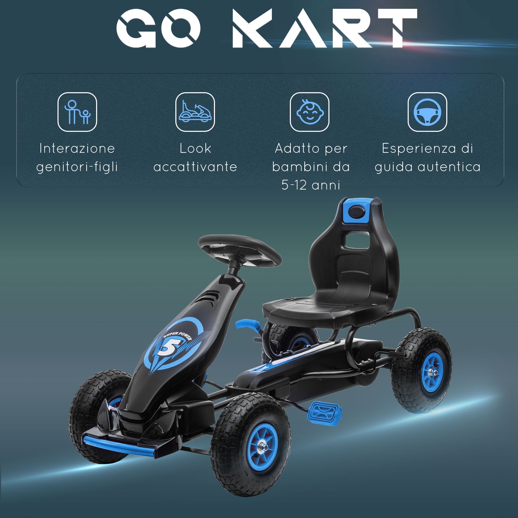 Easycomfort Go Kart a Pedali per Bambini da 5-12 Anni with Sedile Regolabile e Ruote in Gonfiabili, Blu