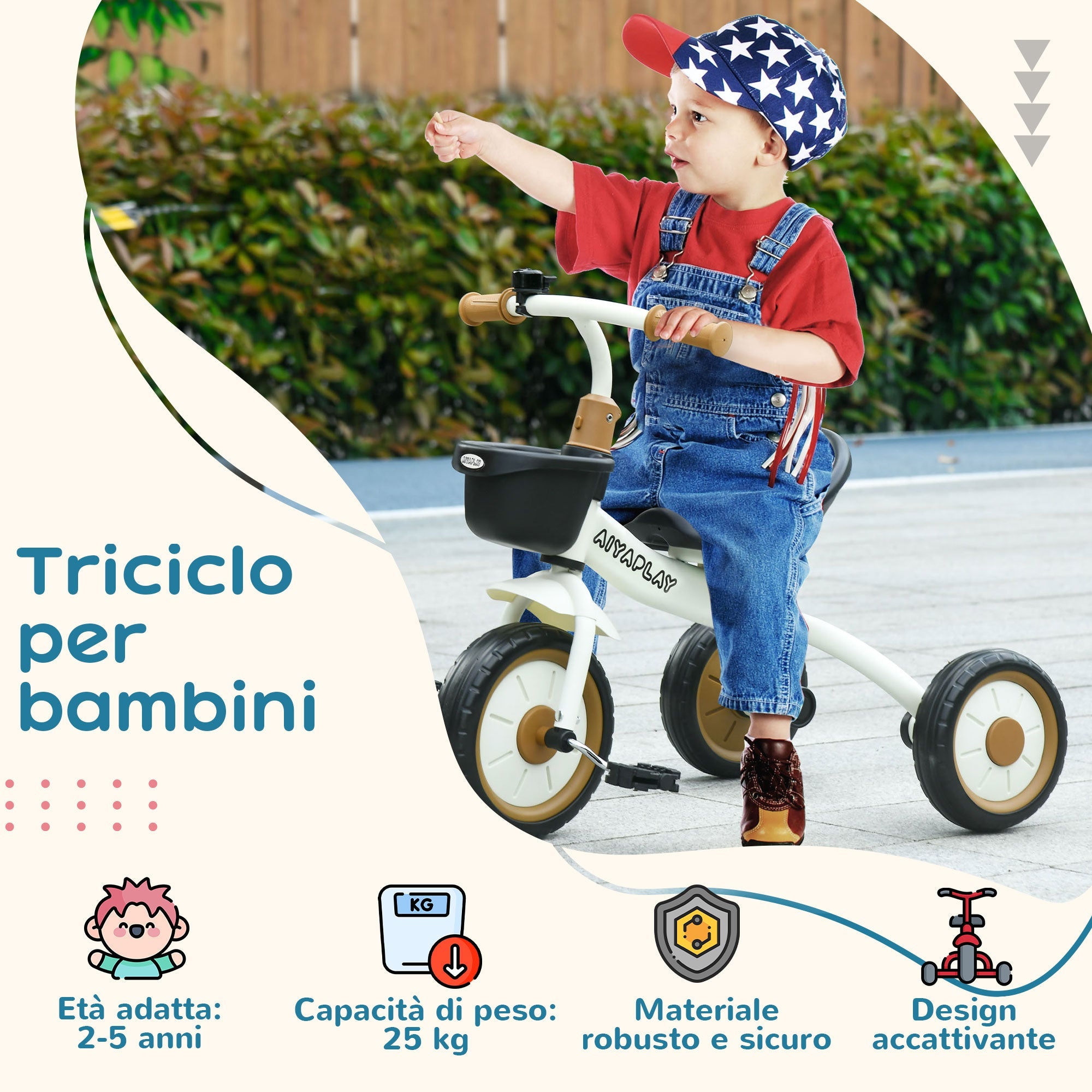 Easycomfort Triciclo per Bambini da 2-5 Anni with Seduta Regolabile e Campanello, 70.5x50x58cm, white