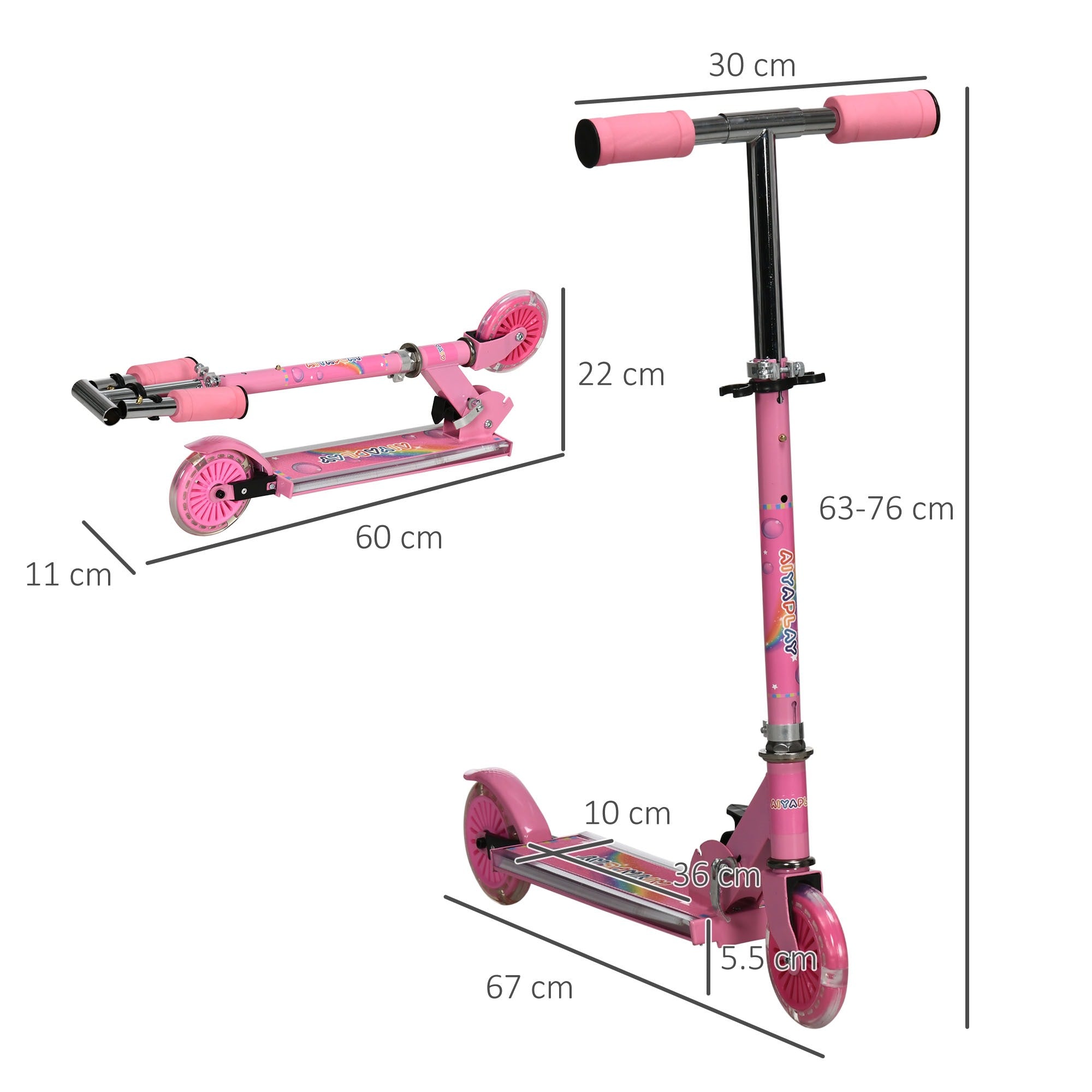 Easycomfort Monopattino per Bambini 3-7 Anni Pieghevole a 2 Ruote e Altezza Regolabile, 67x30x63/68/73/76 cm, Rosa