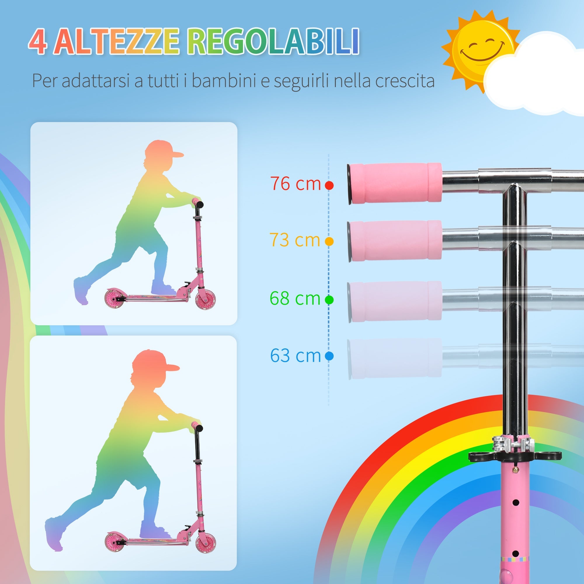 Easycomfort Monopattino per Bambini 3-7 Anni Pieghevole a 2 Ruote e Altezza Regolabile, 67x30x63/68/73/76 cm, Rosa