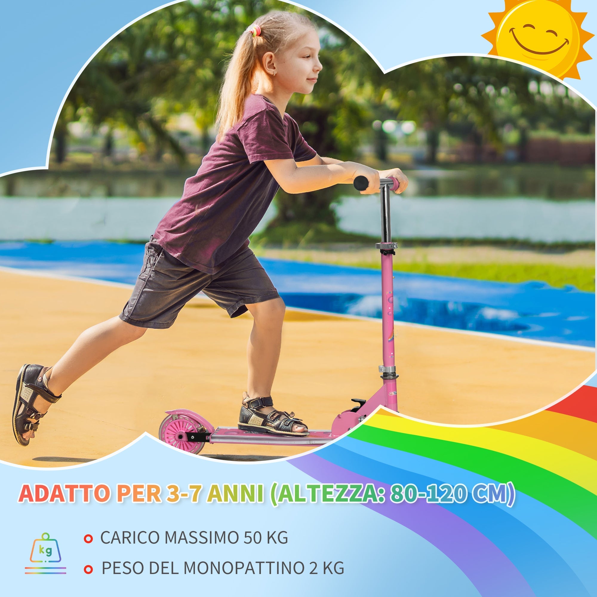 Easycomfort Monopattino per Bambini 3-7 Anni Pieghevole a 2 Ruote e Altezza Regolabile, 67x30x63/68/73/76 cm, Rosa
