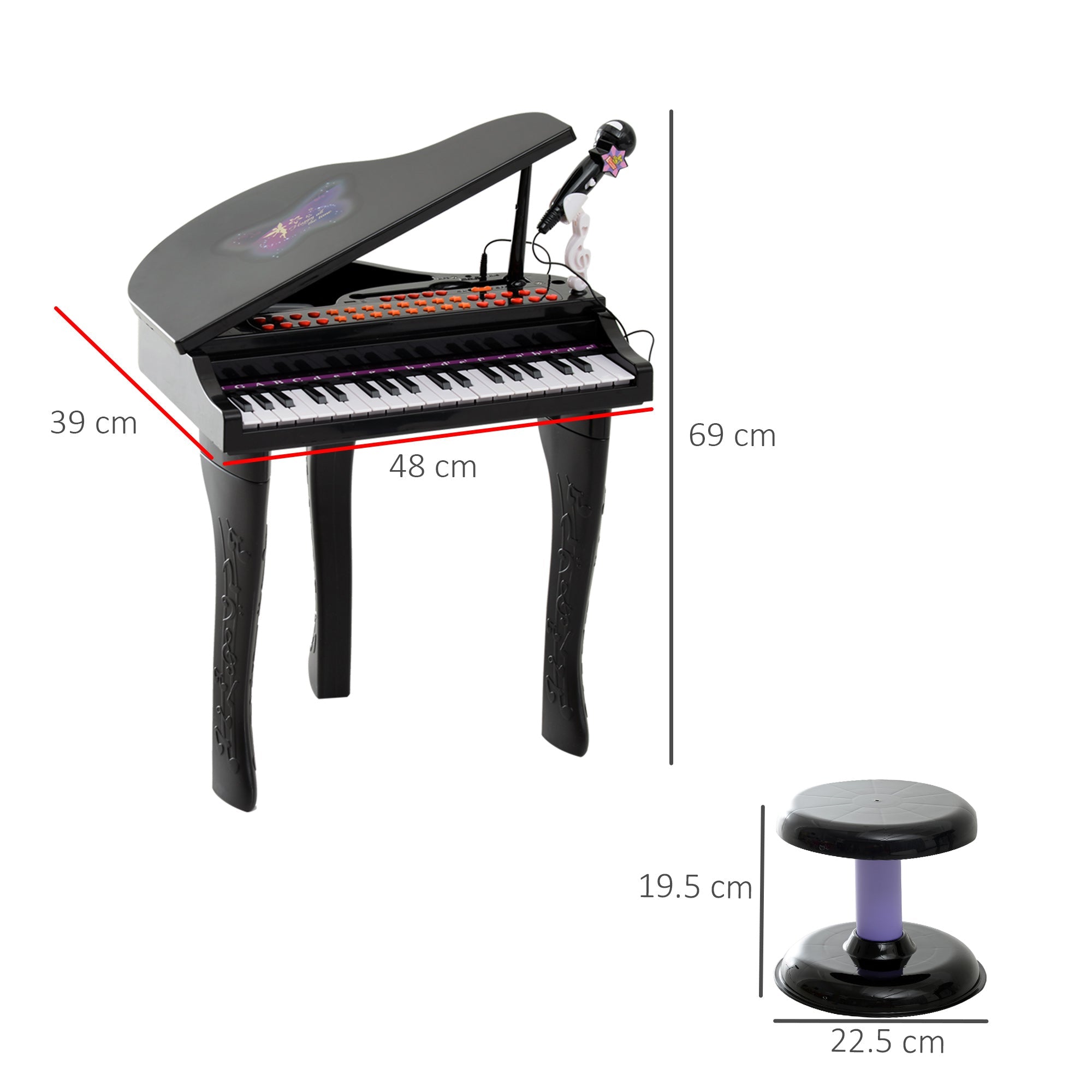 Easycomfort Pianoforte Elettrico Giocattolo Strumento Musicale per Bambini with 37 Tasti Microfono e Sgabello 48x39x69cm black