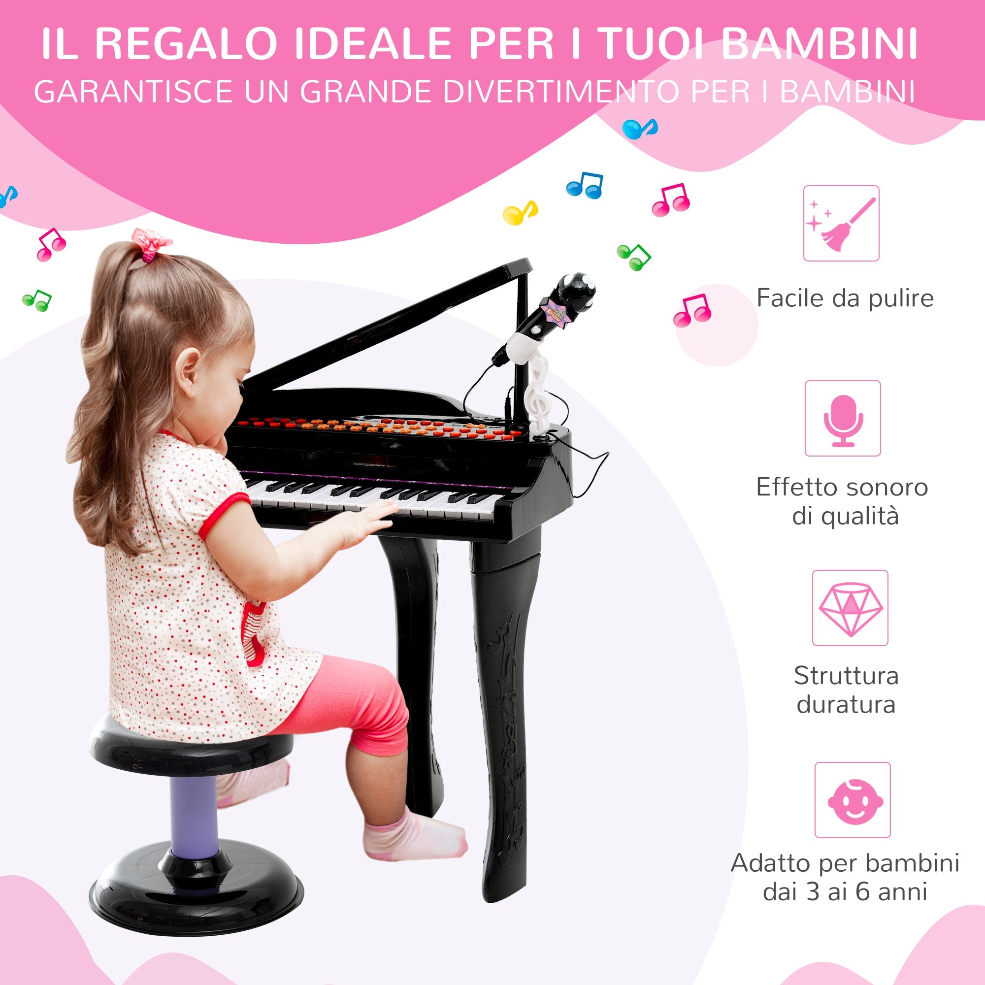 Easycomfort Pianoforte Elettrico Giocattolo Strumento Musicale per Bambini with 37 Tasti Microfono e Sgabello 48x39x69cm black