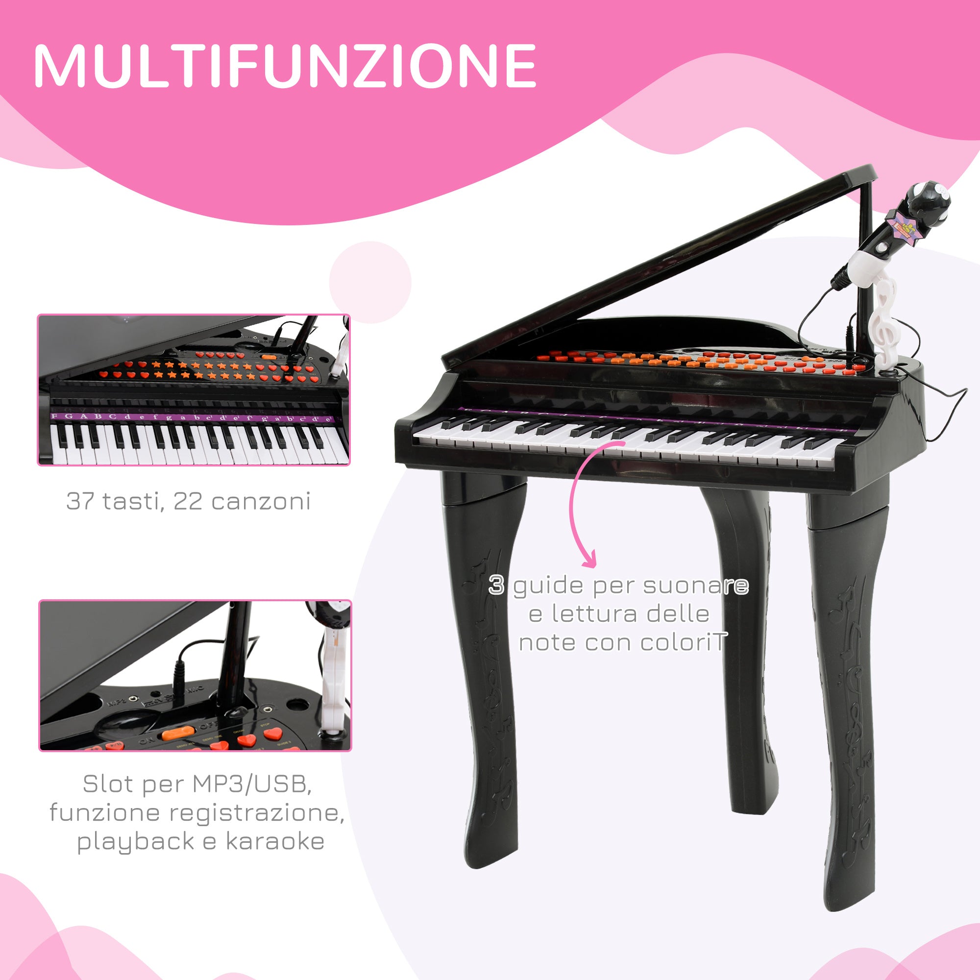 Easycomfort Pianoforte Elettrico Giocattolo Strumento Musicale per Bambini with 37 Tasti Microfono e Sgabello 48x39x69cm black