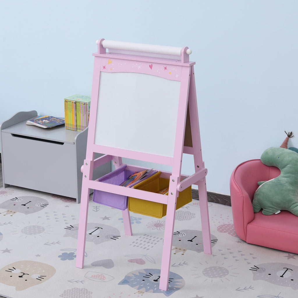 Easycomfort Lavagnetta per Bambini in Legno Rosa with Cavalletto 3 in 1: Lavagna Bianca, Nera e with Rullo Fogli di Carta