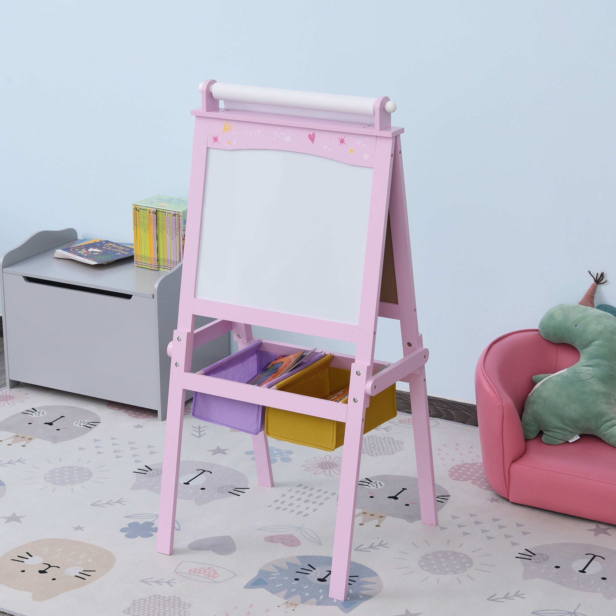 Easycomfort Lavagnetta per Bambini in Legno Rosa with Cavalletto 3 in 1: Lavagna Bianca, Nera e with Rullo Fogli di Carta