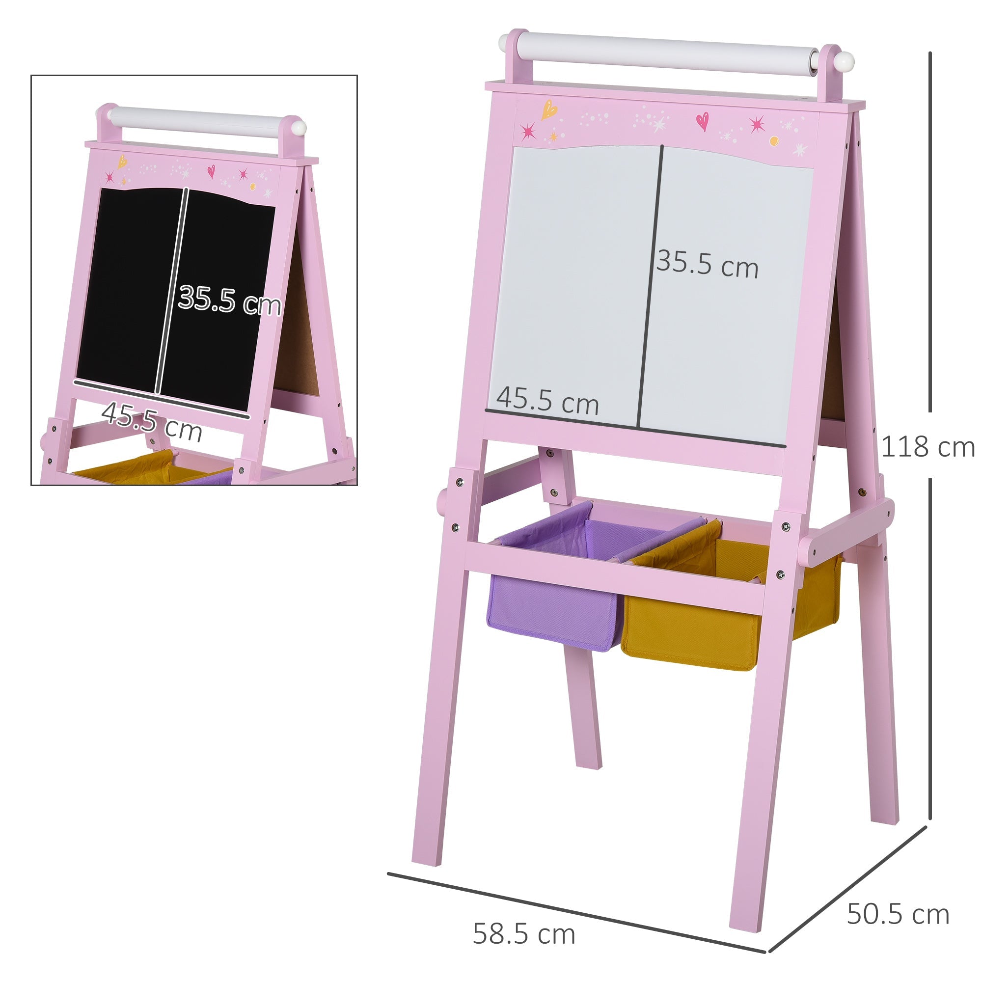 Easycomfort Lavagnetta per Bambini in Legno Rosa with Cavalletto 3 in 1: Lavagna Bianca, Nera e with Rullo Fogli di Carta