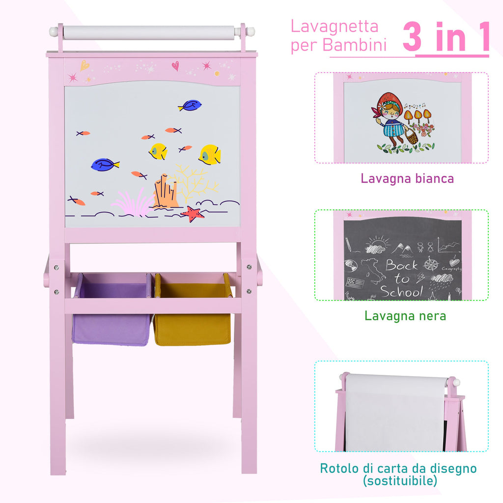 Easycomfort Lavagnetta per Bambini in Legno Rosa with Cavalletto 3 in 1: Lavagna Bianca, Nera e with Rullo Fogli di Carta