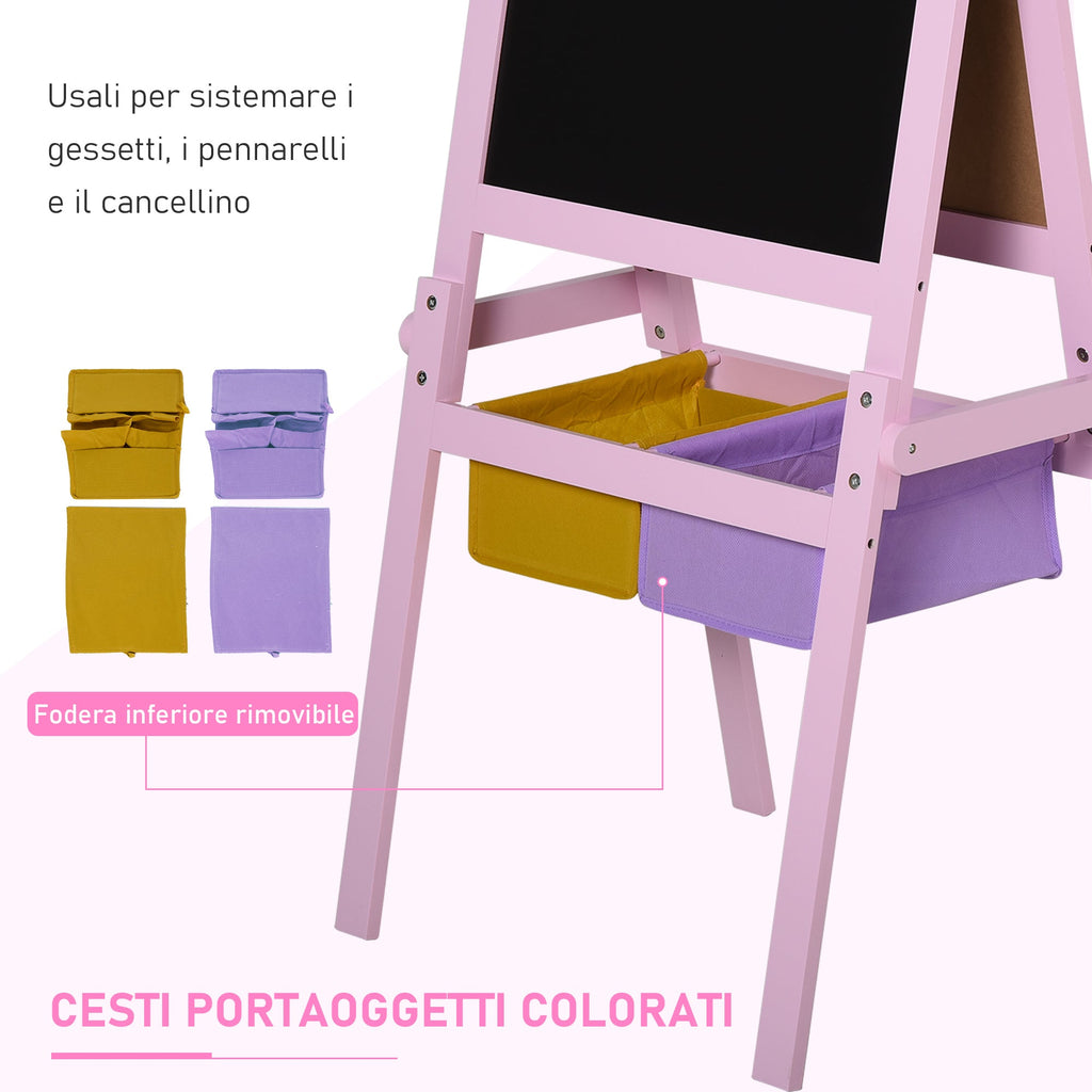 Easycomfort Lavagnetta per Bambini in Legno Rosa with Cavalletto 3 in 1: Lavagna Bianca, Nera e with Rullo Fogli di Carta