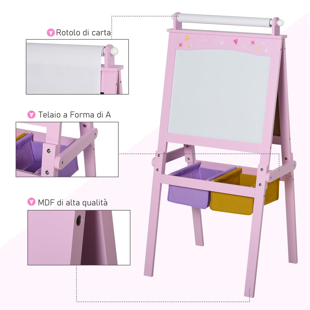 Easycomfort Lavagnetta per Bambini in Legno Rosa with Cavalletto 3 in 1: Lavagna Bianca, Nera e with Rullo Fogli di Carta