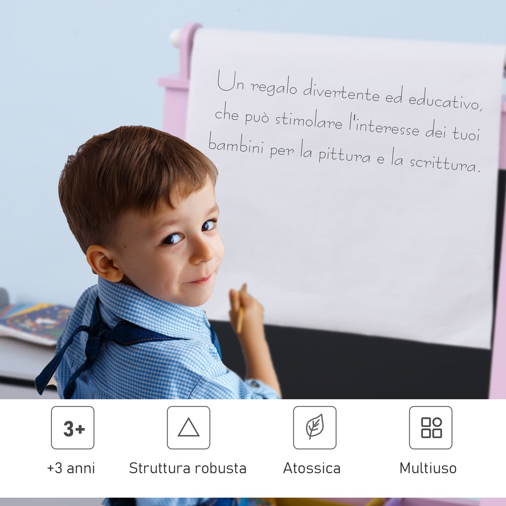 Easycomfort Lavagnetta per Bambini in Legno Rosa with Cavalletto 3 in 1: Lavagna Bianca, Nera e with Rullo Fogli di Carta