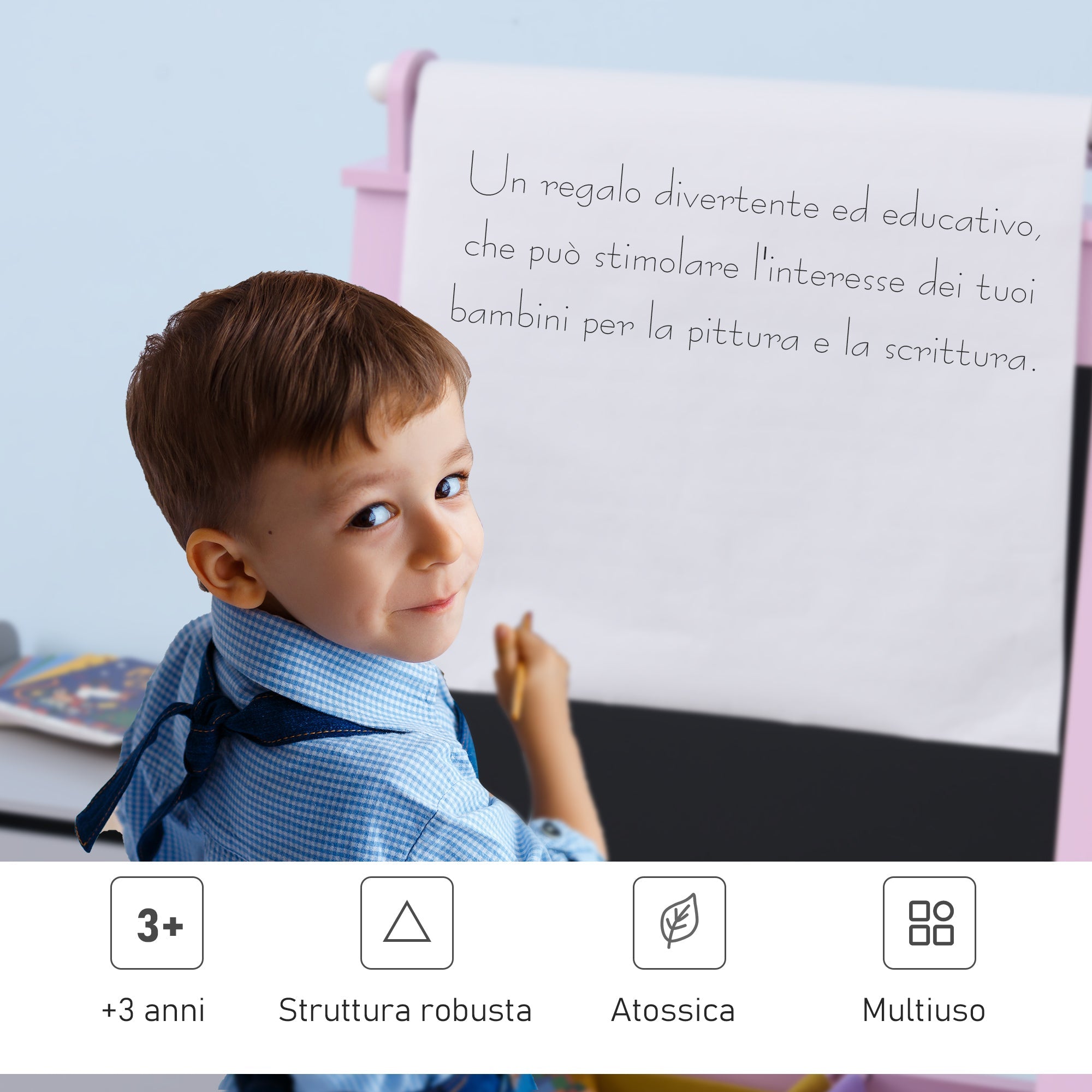 Easycomfort Lavagnetta per Bambini in Legno Rosa with Cavalletto 3 in 1: Lavagna Bianca, Nera e with Rullo Fogli di Carta