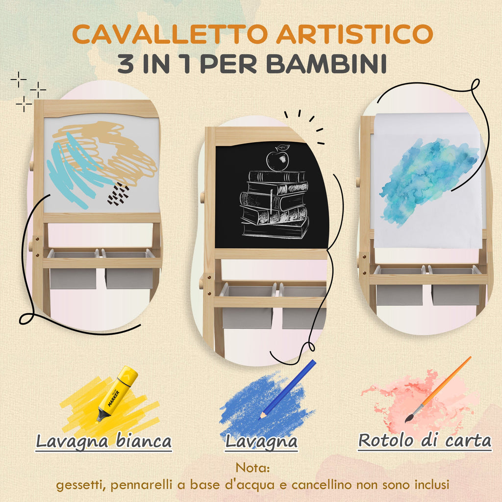Easycomfort Lavagna per Bambini with Cavalletto 3 in 1 e Cestini, Età 3-6 anni, 58x50.5x109cm, Color legno