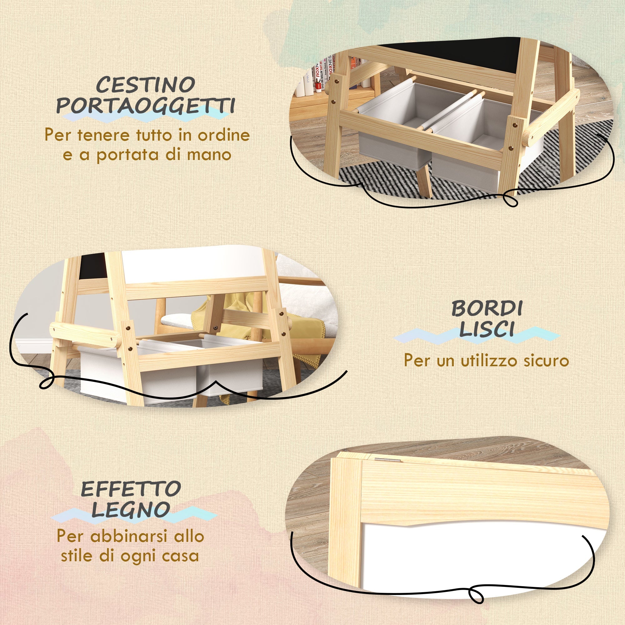Easycomfort Lavagna per Bambini with Cavalletto 3 in 1 e Cestini, Età 3-6 anni, 58x50.5x109cm, Color legno