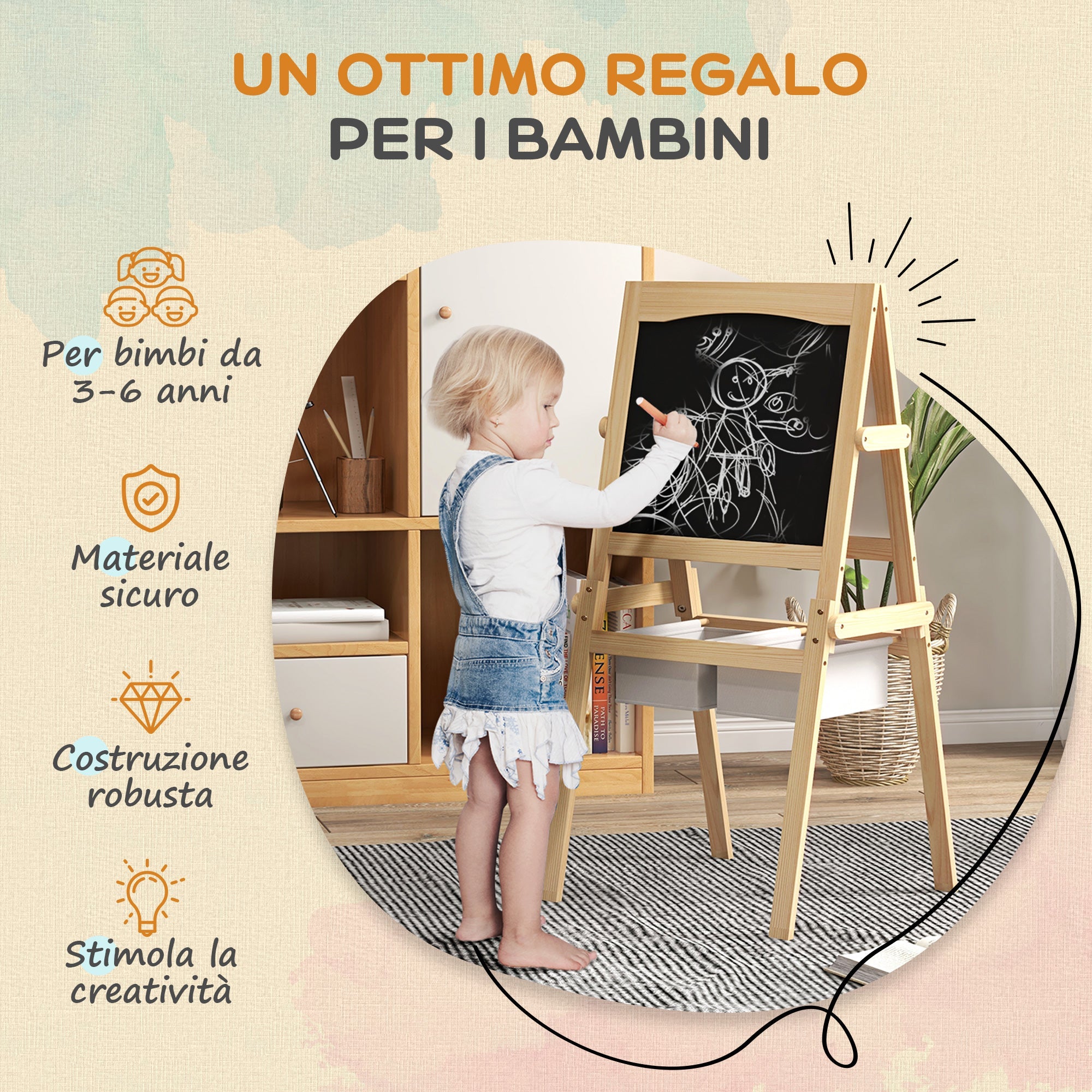 Easycomfort Lavagna per Bambini with Cavalletto 3 in 1 e Cestini, Età 3-6 anni, 58x50.5x109cm, Color legno