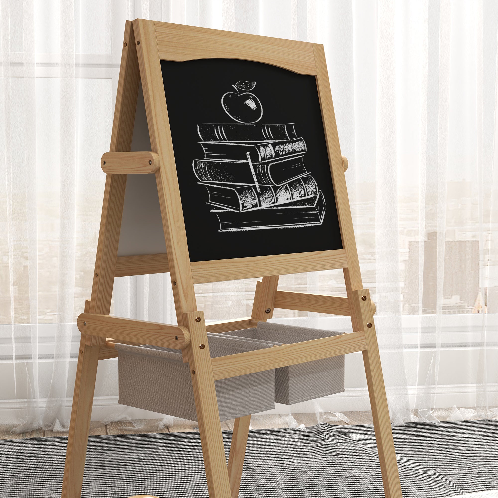 Easycomfort Lavagna per Bambini with Cavalletto 3 in 1 e Cestini, Età 3-6 anni, 58x50.5x109cm, Color legno