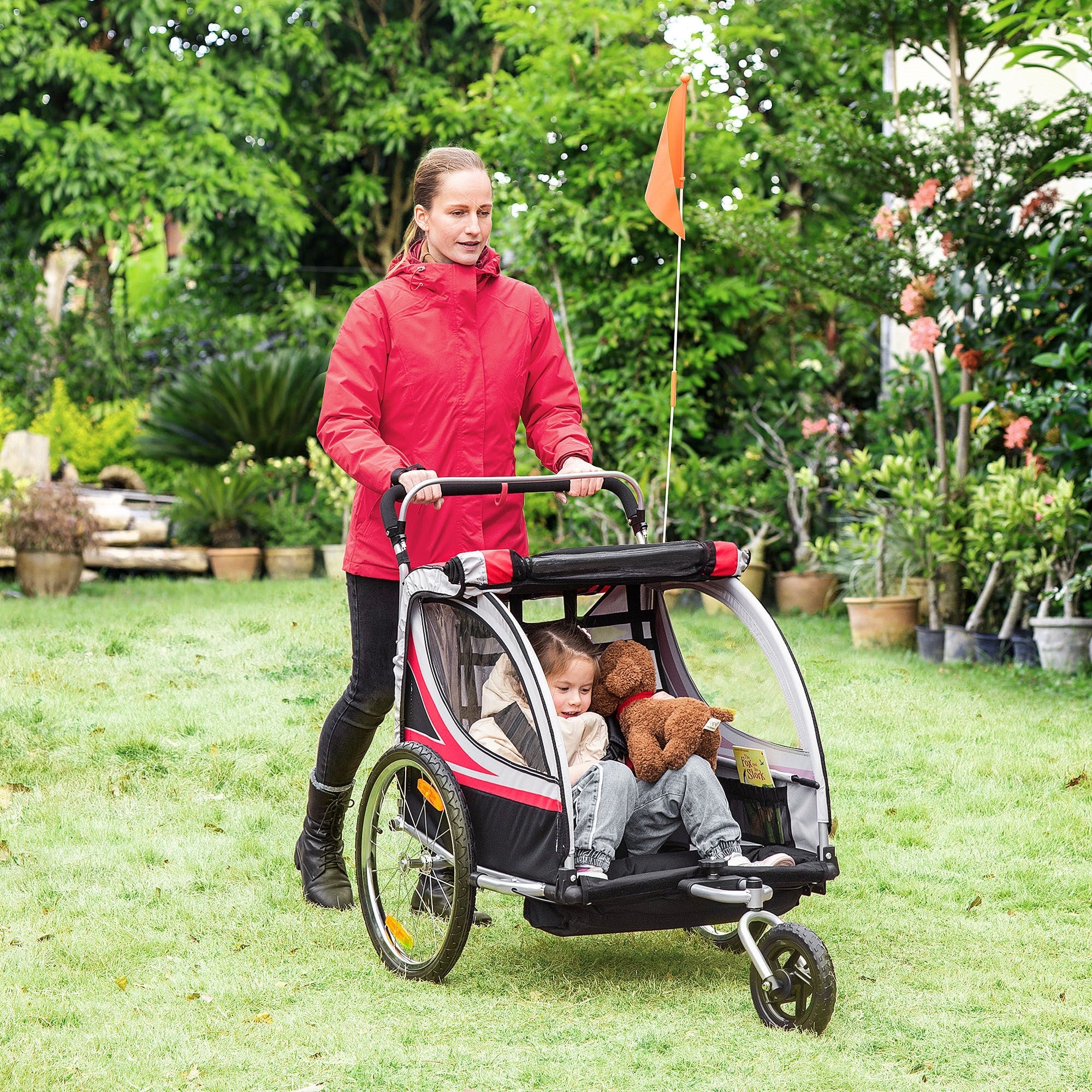 EASYCOMFORT Bike Trailer for Children Stroller, 2 in 1 Design with Brake, 5-Point Harness and Side Pockets, 116-142x75x101cm, Multicolor