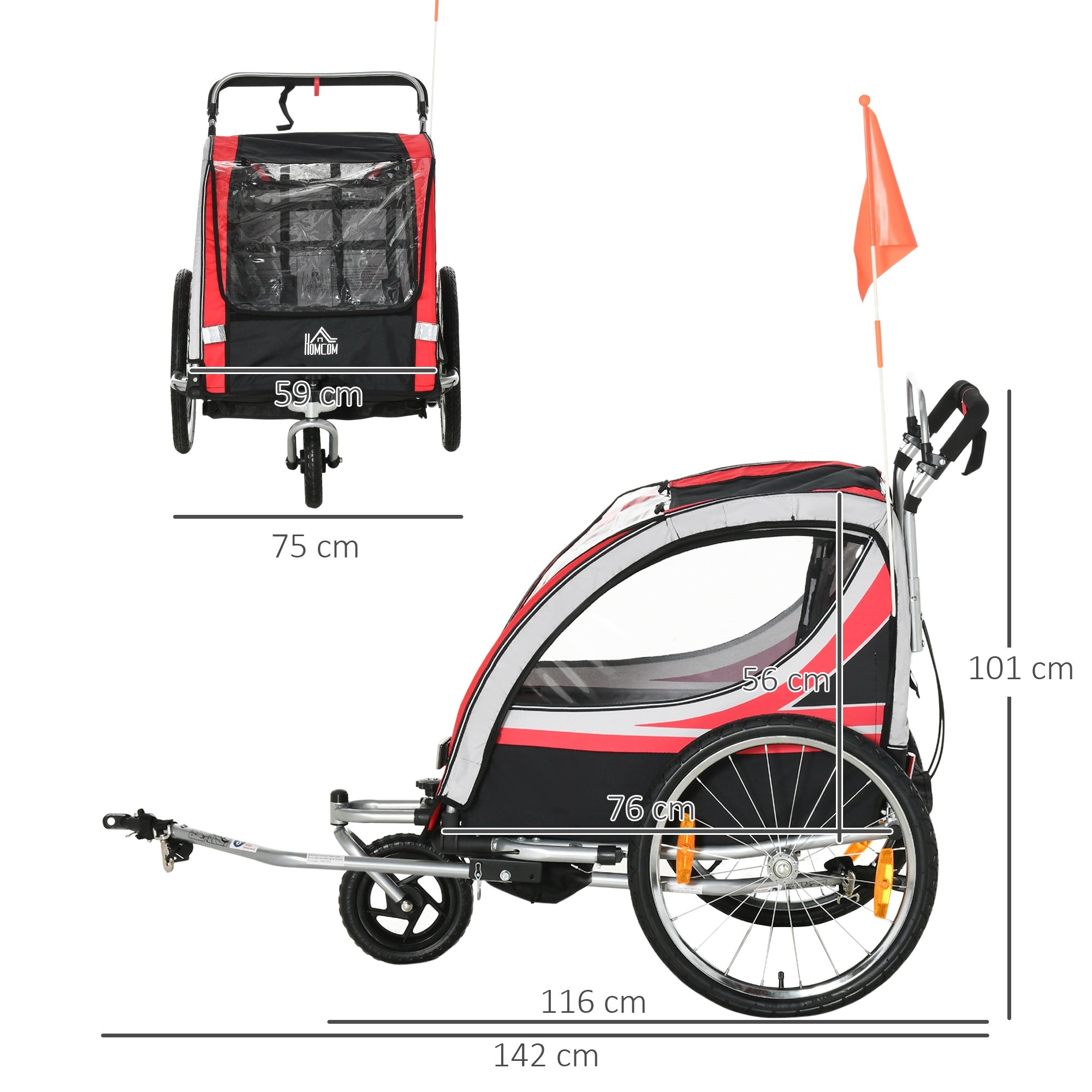 EASYCOMFORT Bike Trailer for Children Stroller, 2 in 1 Design with Brake, 5-Point Harness and Side Pockets, 116-142x75x101cm, Multicolor