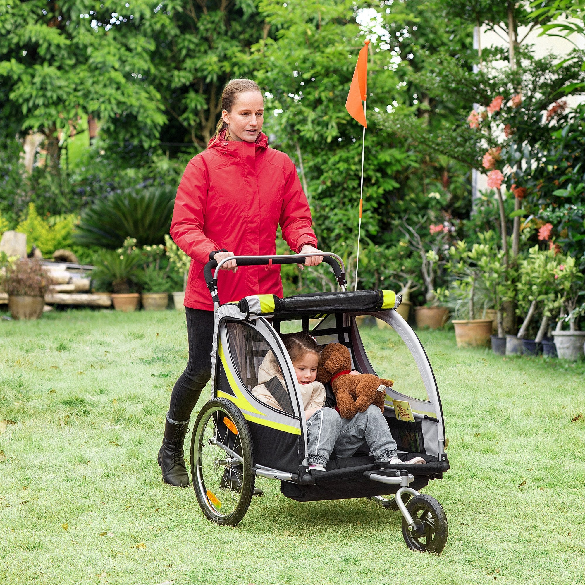 Easycomfort Rimorchio Bici per Bambini Passeggino, Design 2 in 1 with Freno, Cintura a 5 Punti e Tasche Laterali, Riflettori, 116-142Lx75Px101Acm, Giallo
