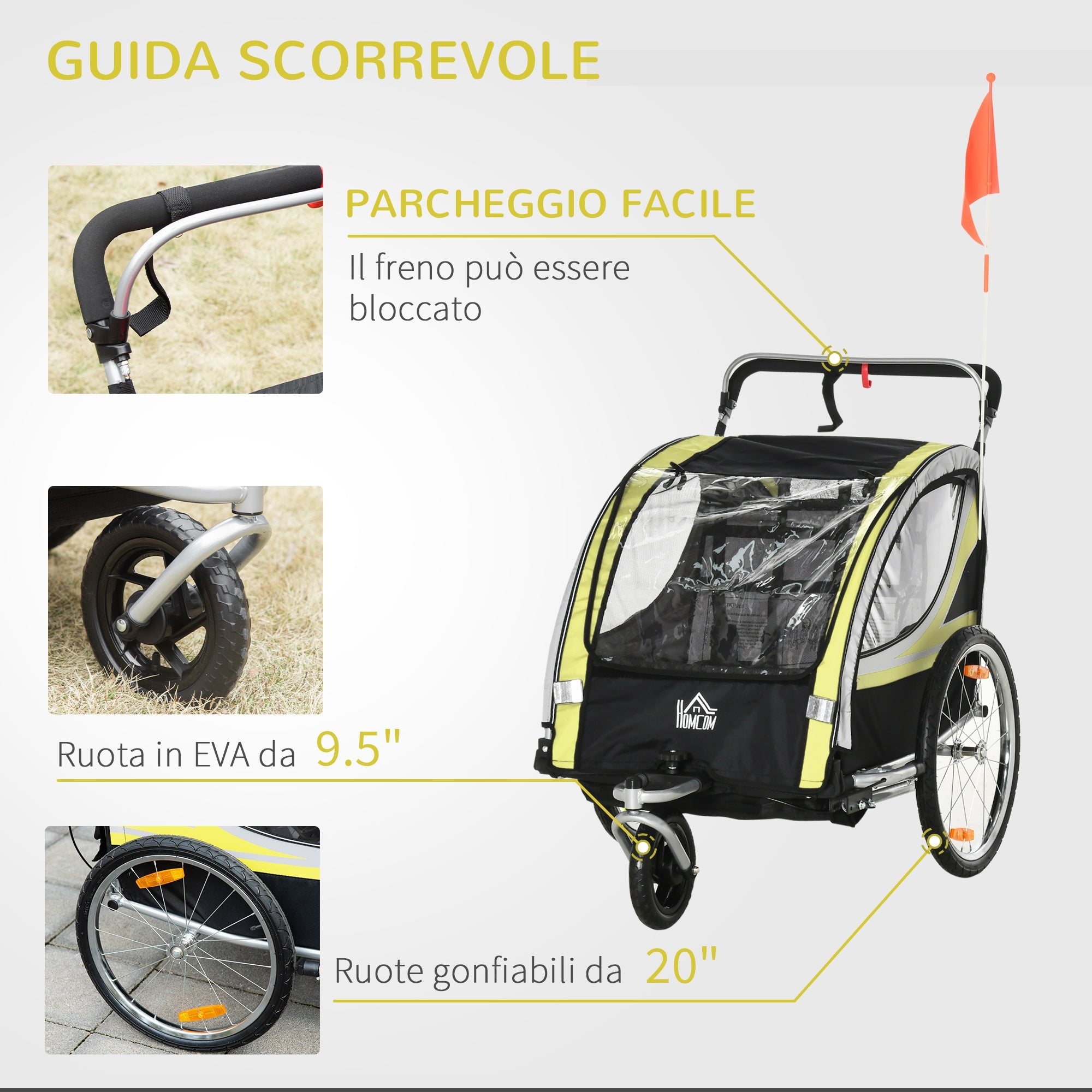 Easycomfort Rimorchio Bici per Bambini Passeggino, Design 2 in 1 with Freno, Cintura a 5 Punti e Tasche Laterali, Riflettori, 116-142Lx75Px101Acm, Giallo