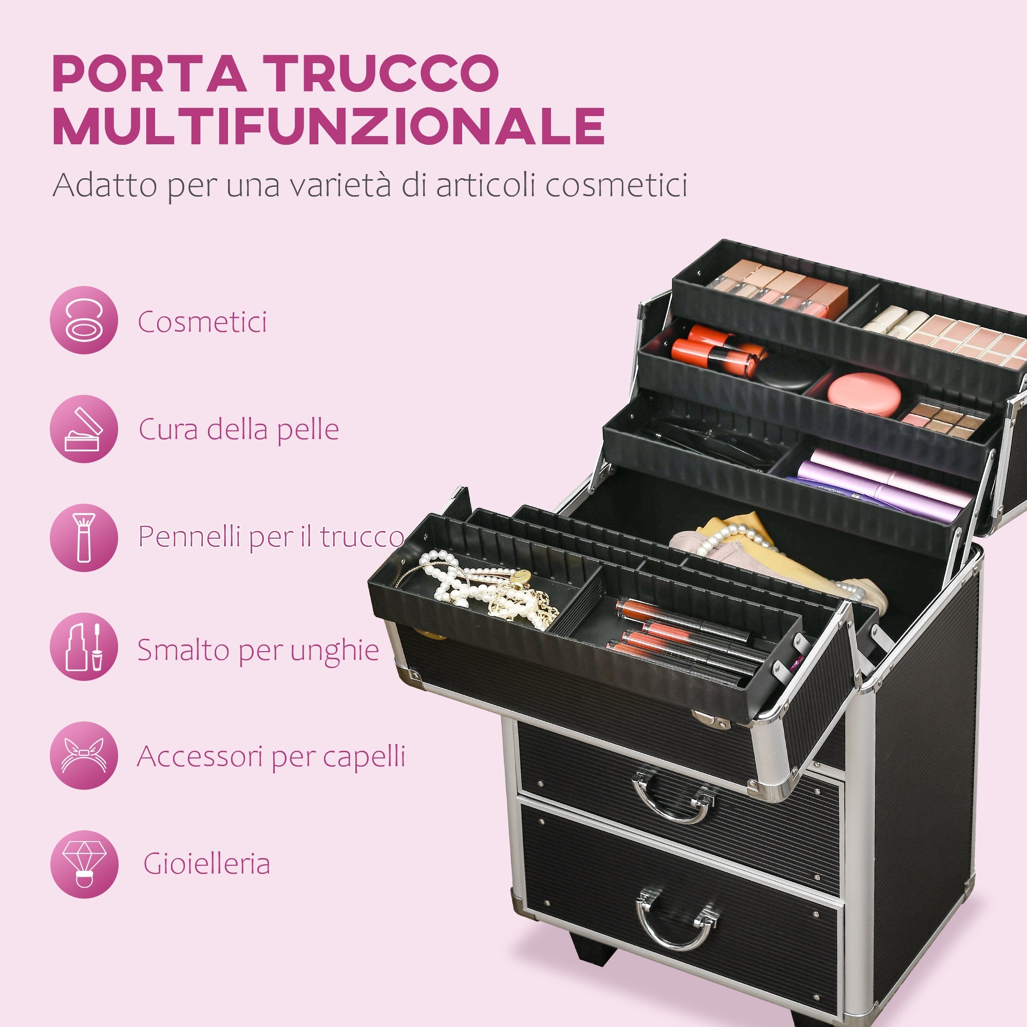 EasyComfort make-upkoffer op wielen met slot, zwart
