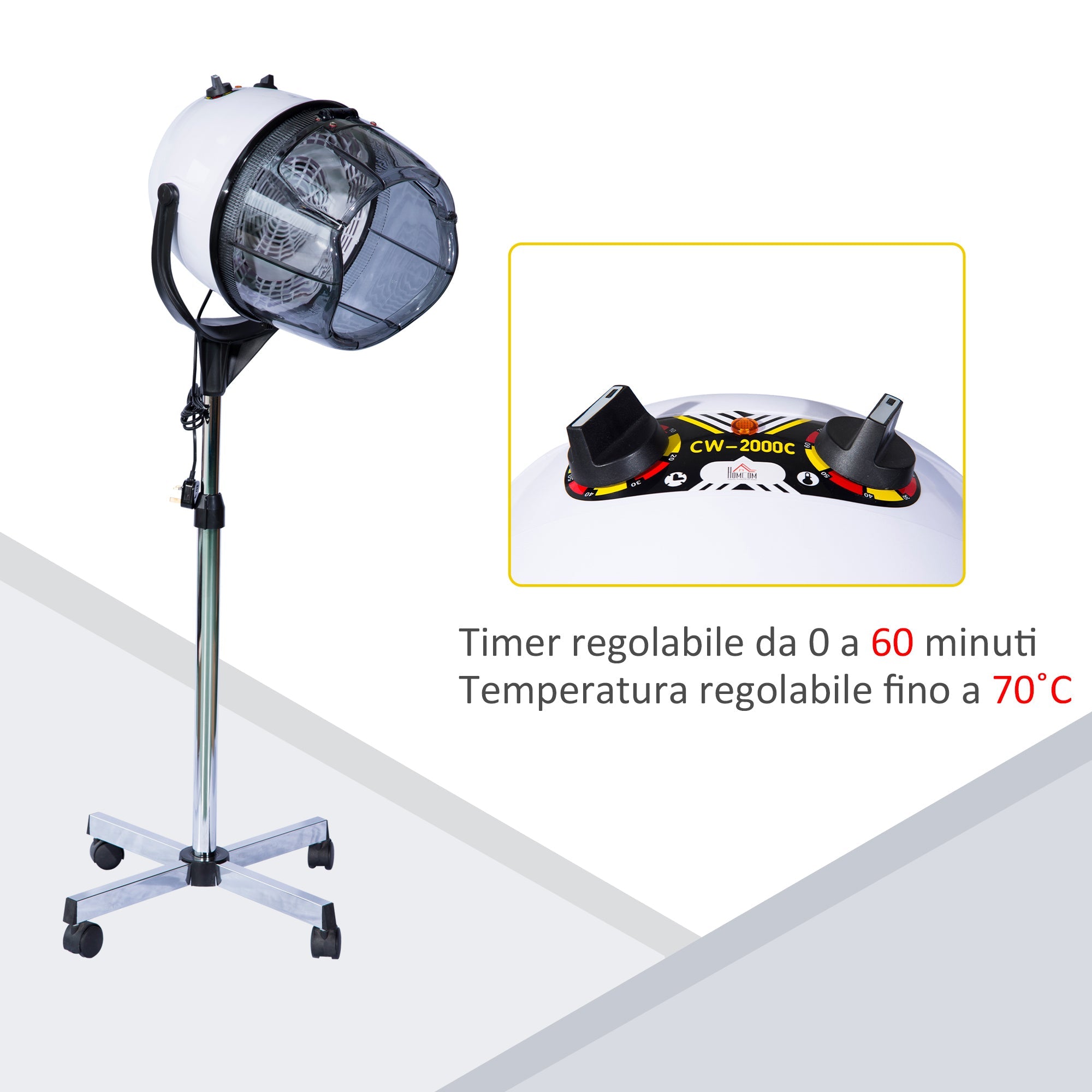 Easycomfort Casco Asciugacapelli Professionale Portatile with Ruote Girevoli, Altezza e Temperatura Regolabili Timer 60 Minuti, 65x65x115-165cm