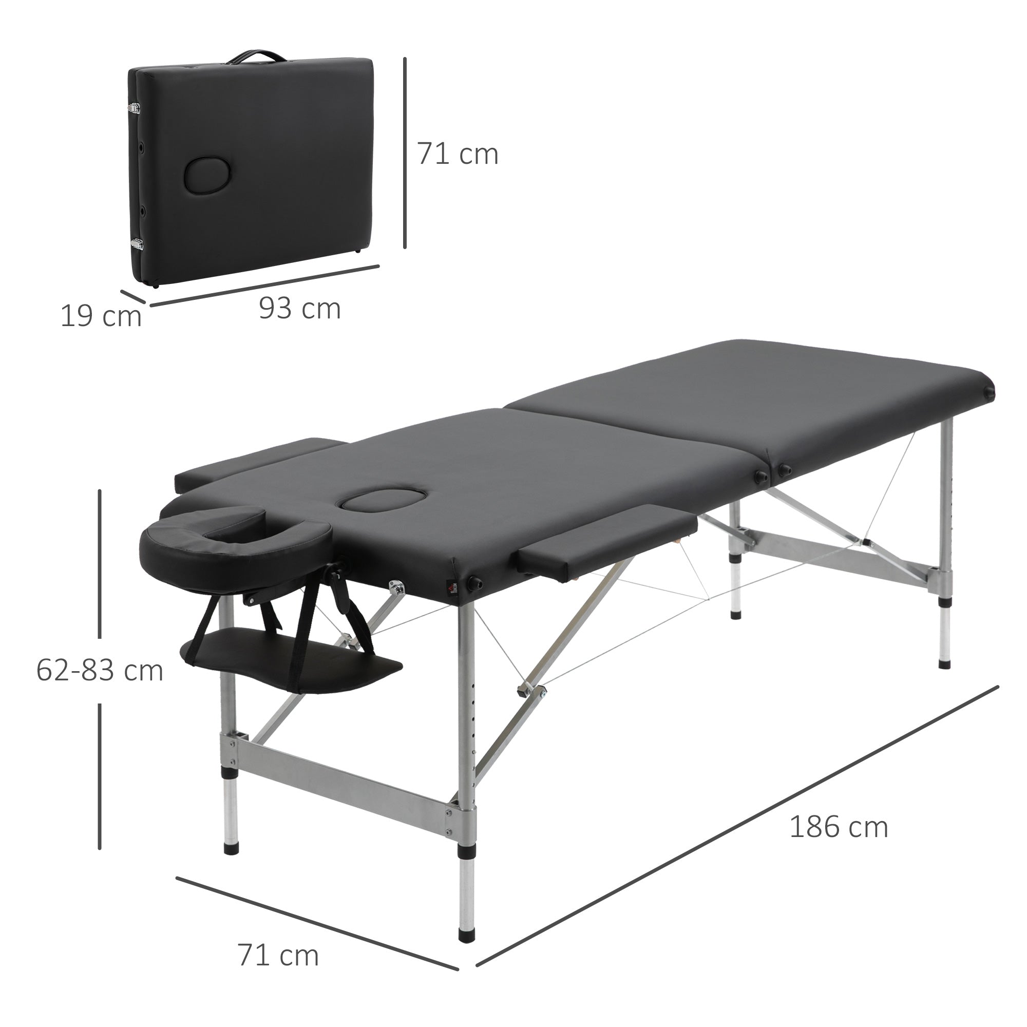 EasyComfort inklapbare massagetafel 186x71 cm zwart, 62–83 cm