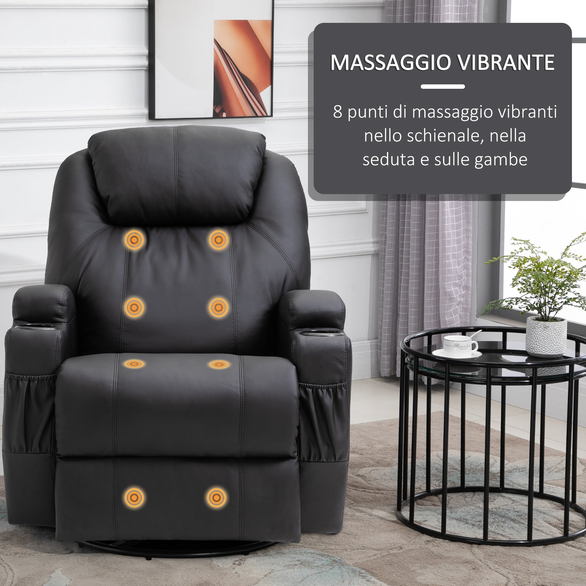 Easycomfort Poltrona Relax Massaggiante with 8 Punti, 5 Modalità e 2 Intensità, Reclinabile with Poggiapiedi e Girevole, 84x92x109cm, black