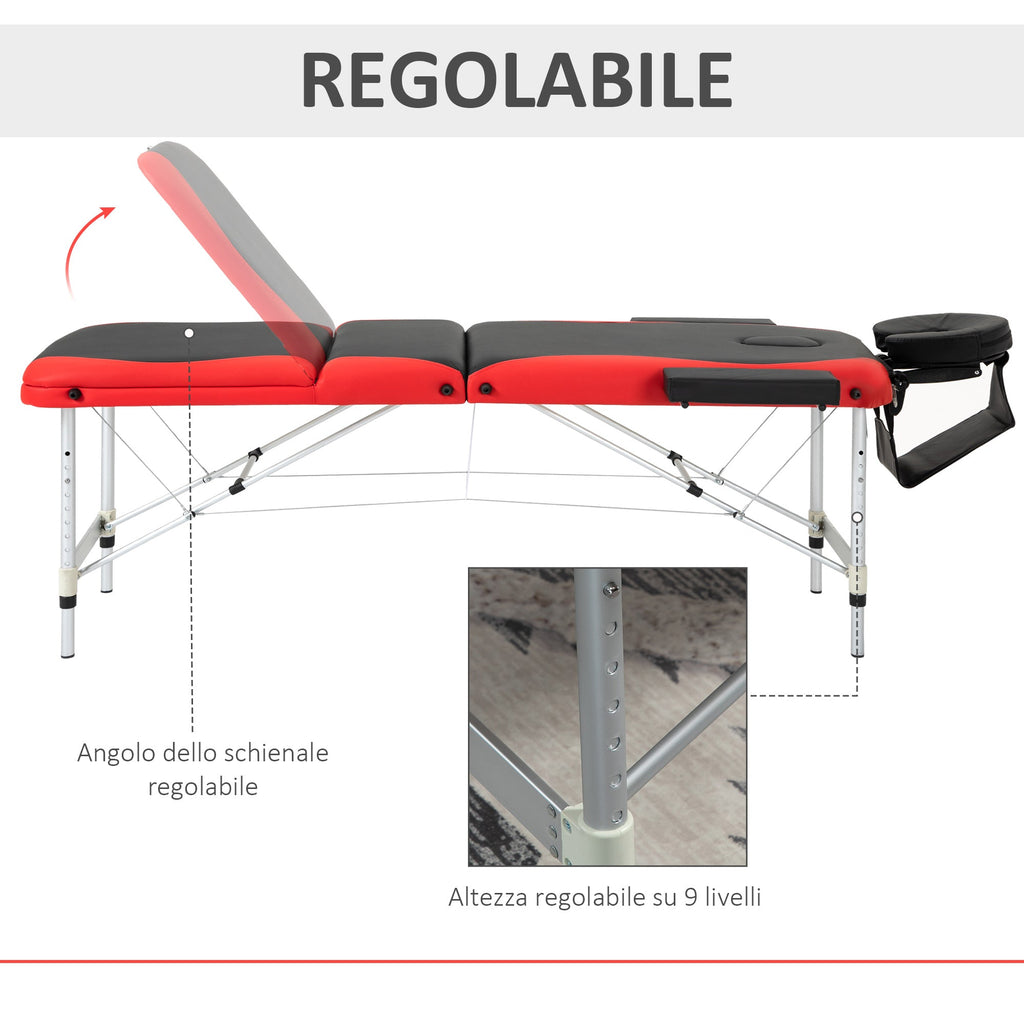 EASYCOMFORT Portable, Foldable and Professional Massage Table in Aluminum for Beautician, Therapist, SPA, Red and Black, 215x60x61-84cm
