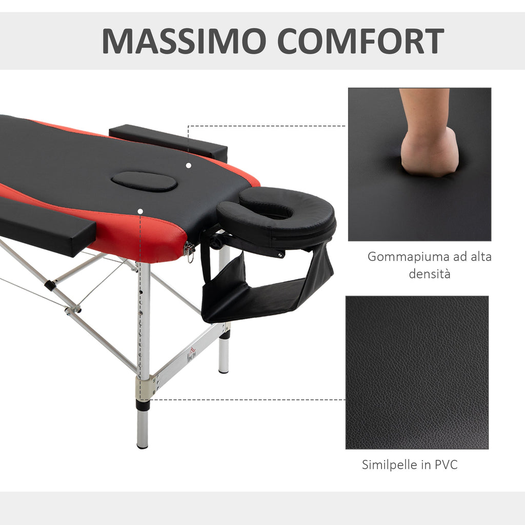 EASYCOMFORT Portable, Foldable and Professional Massage Table in Aluminum for Beautician, Therapist, SPA, Red and Black, 215x60x61-84cm