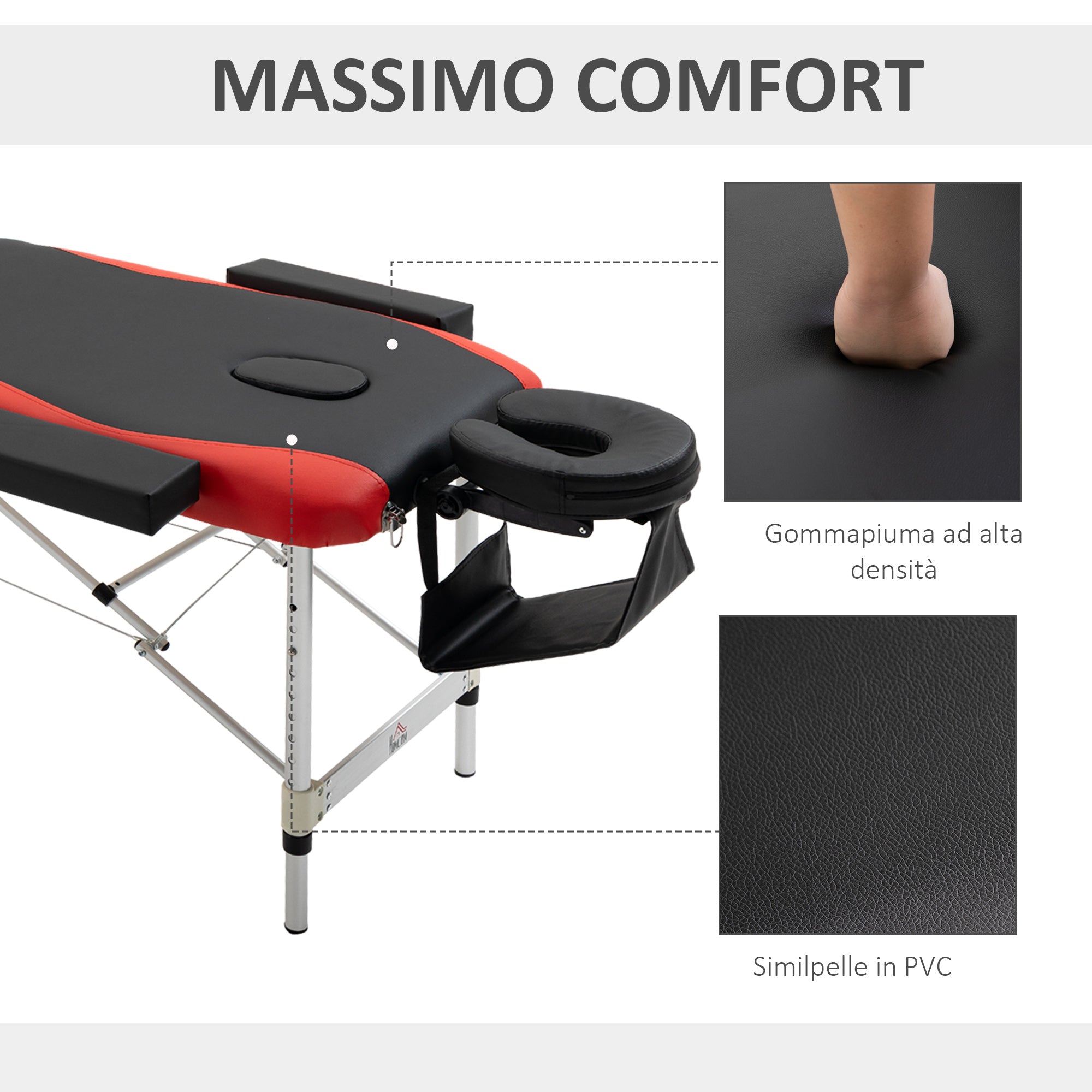 EASYCOMFORT Portable, Foldable and Professional Massage Table in Aluminum for Beautician, Therapist, SPA, Red and Black, 215x60x61-84cm