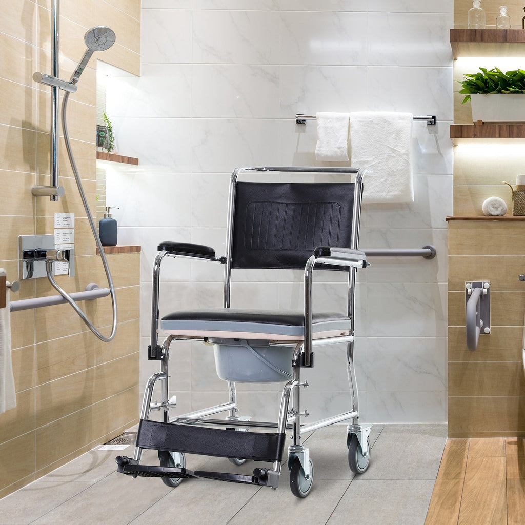 Easycomfort Sedia a Rotelle Impermeabile with WC Seduta in Ecopelle, 4 Ruote, Vaso Rimovibile per Anziani/Disabili, 84x54x96cm