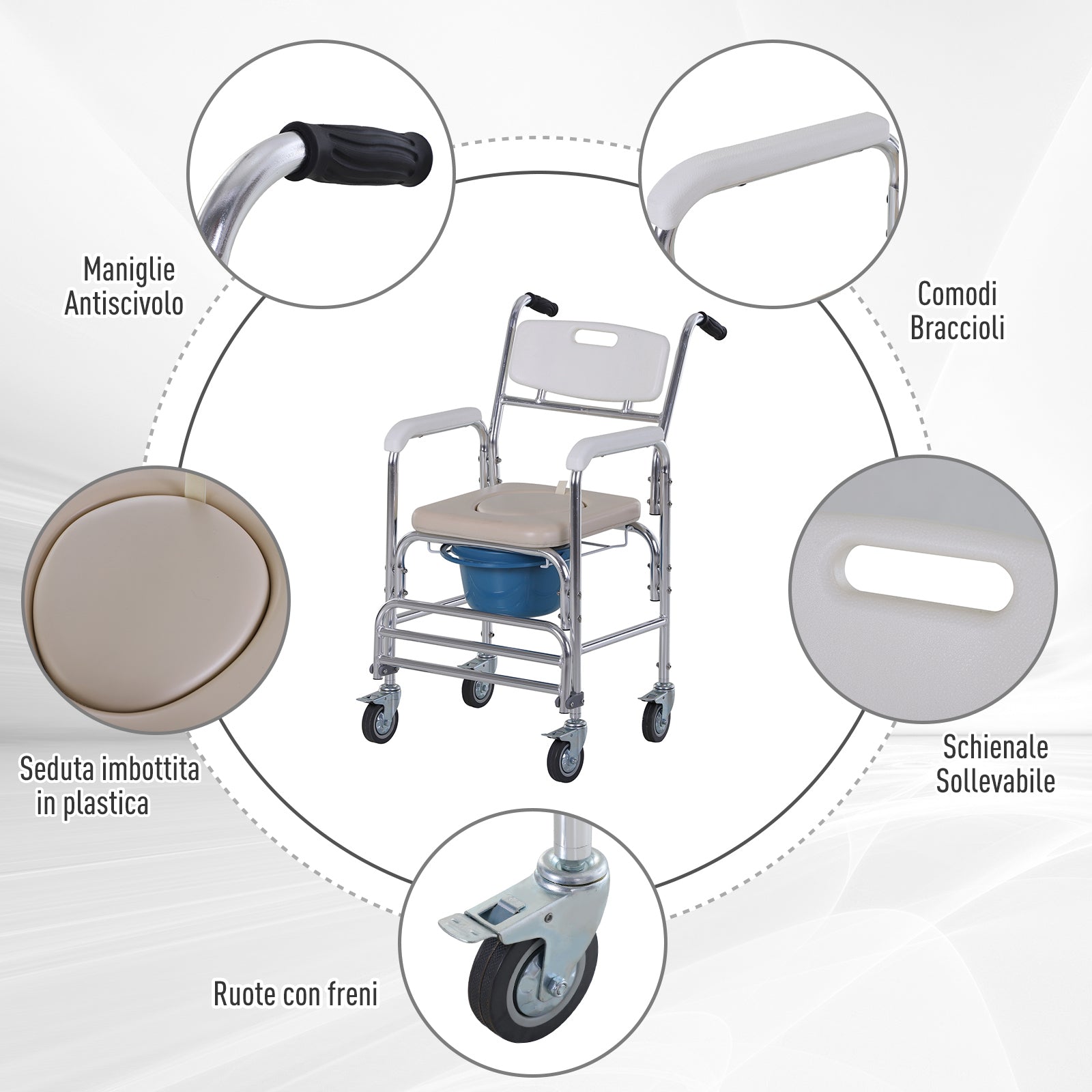 Easycomfort Sedia a Rotelle Impermeabile with WC Seduta in Ecopelle, 4 Ruote, Vaso Rimovibile per Anziani/Disabili, 84x54x96cm