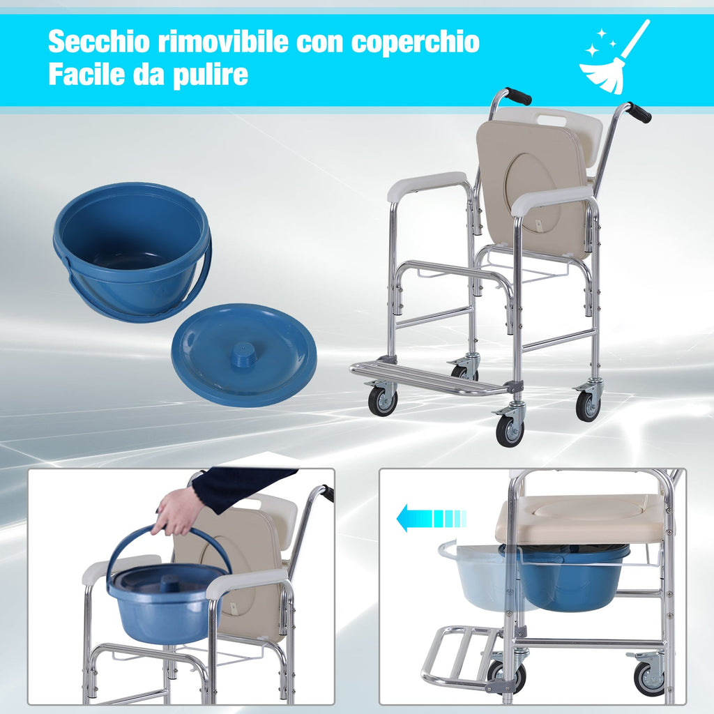 Easycomfort Sedia a Rotelle Impermeabile with WC Seduta in Ecopelle, 4 Ruote, Vaso Rimovibile per Anziani/Disabili, 84x54x96cm