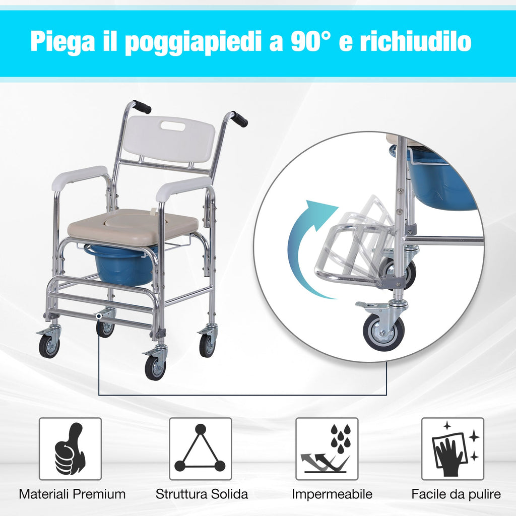 Easycomfort Sedia a Rotelle Impermeabile with WC Seduta in Ecopelle, 4 Ruote, Vaso Rimovibile per Anziani/Disabili, 84x54x96cm